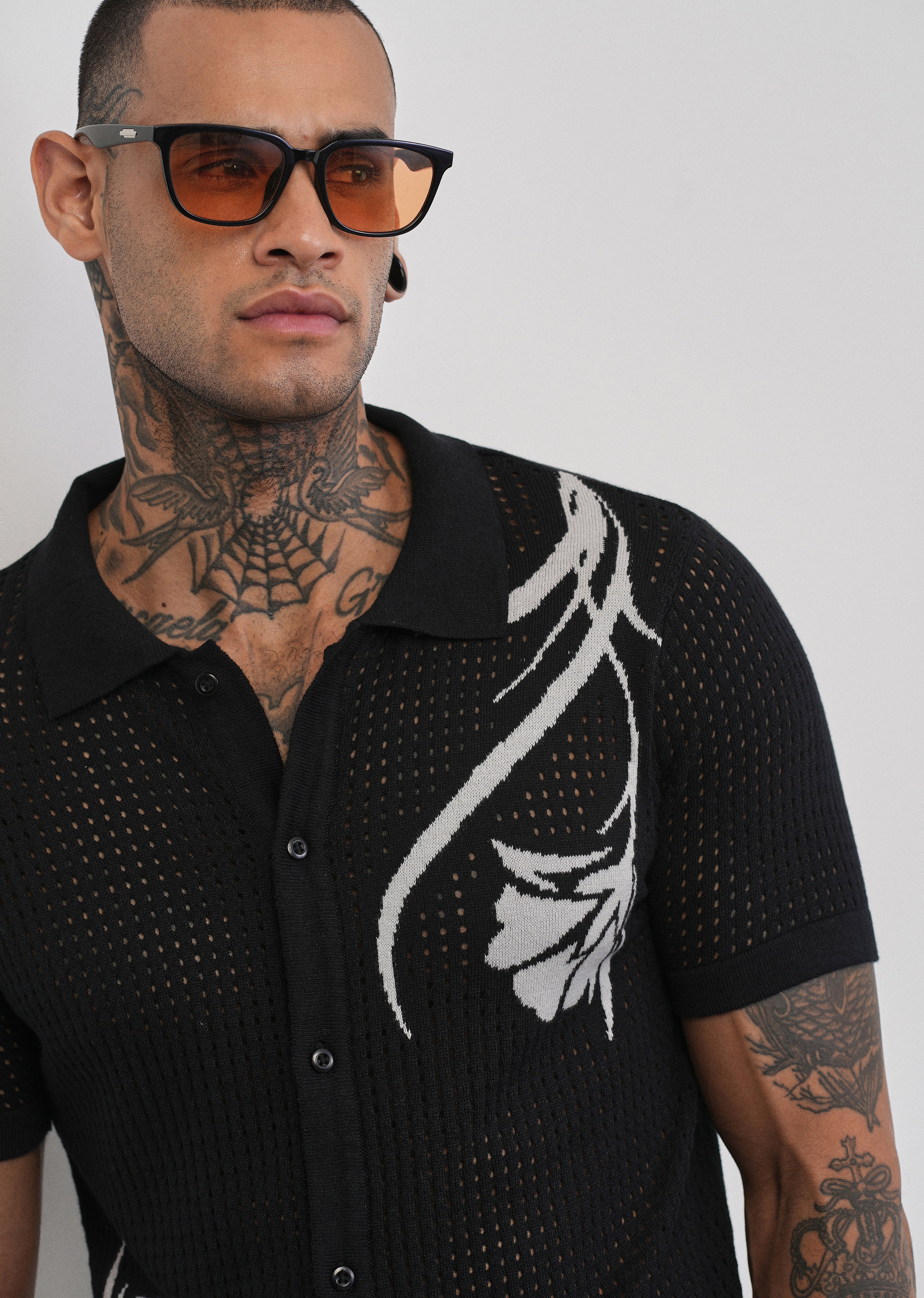 Black Floral Open Knit Shirt