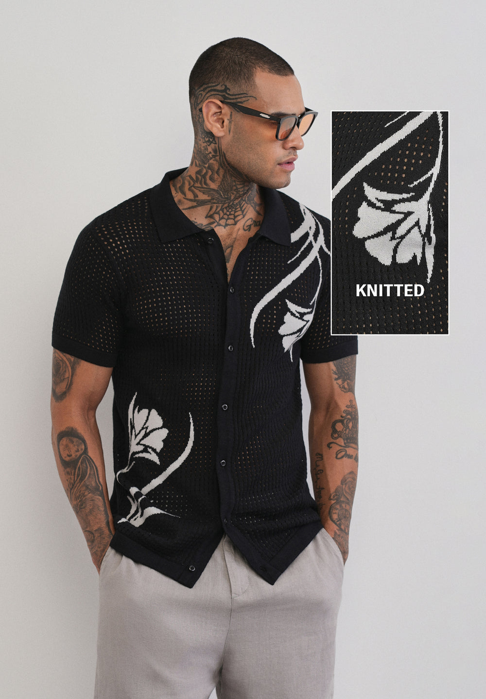 Black Floral Open Knit Shirt