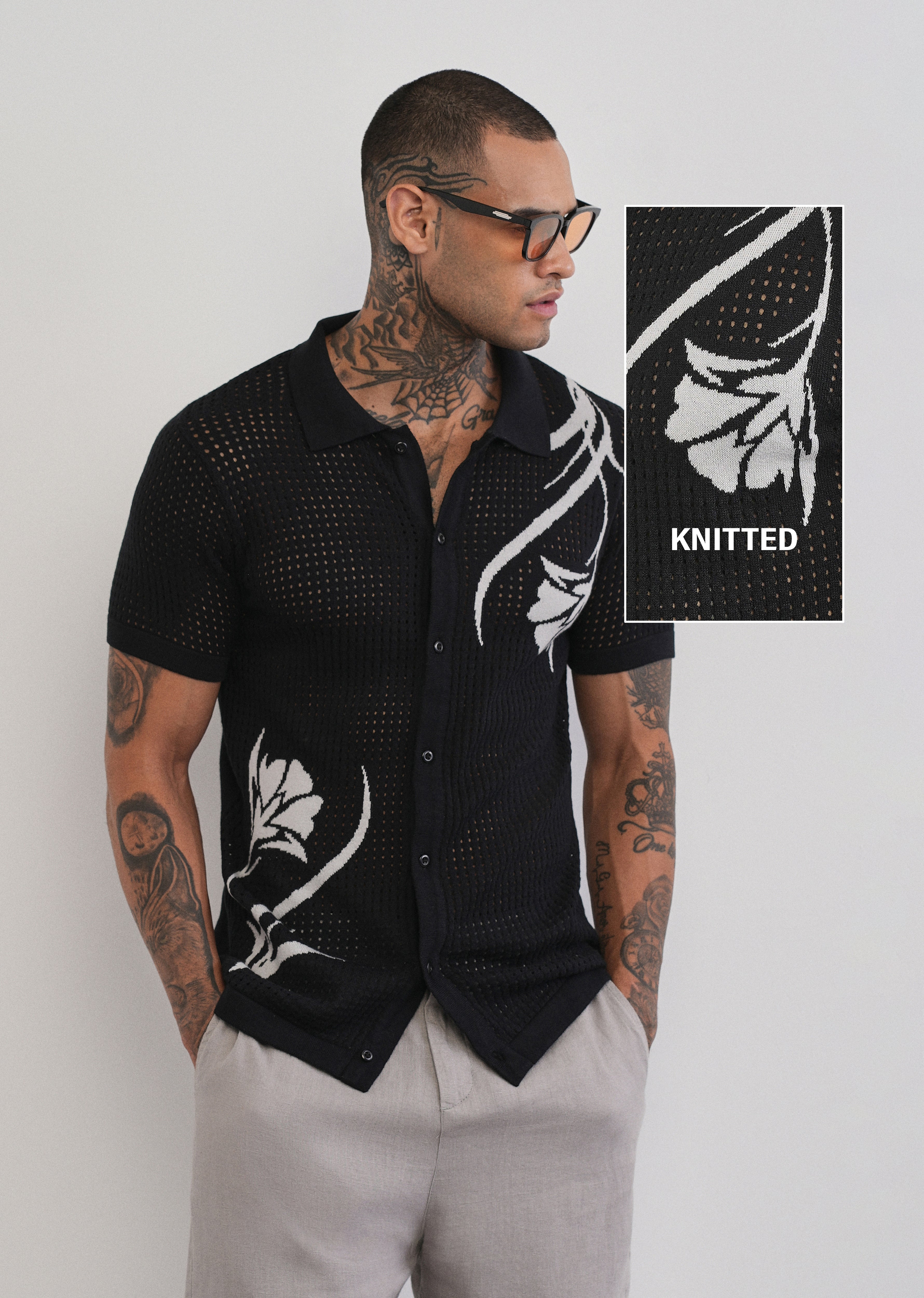 Black Floral Open Knit Shirt