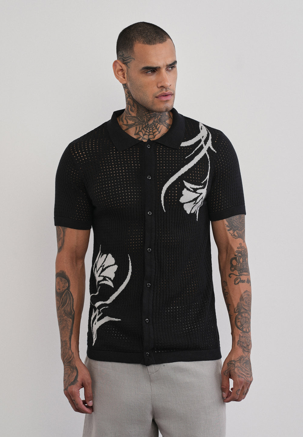 Black Floral Open Knit Shirt