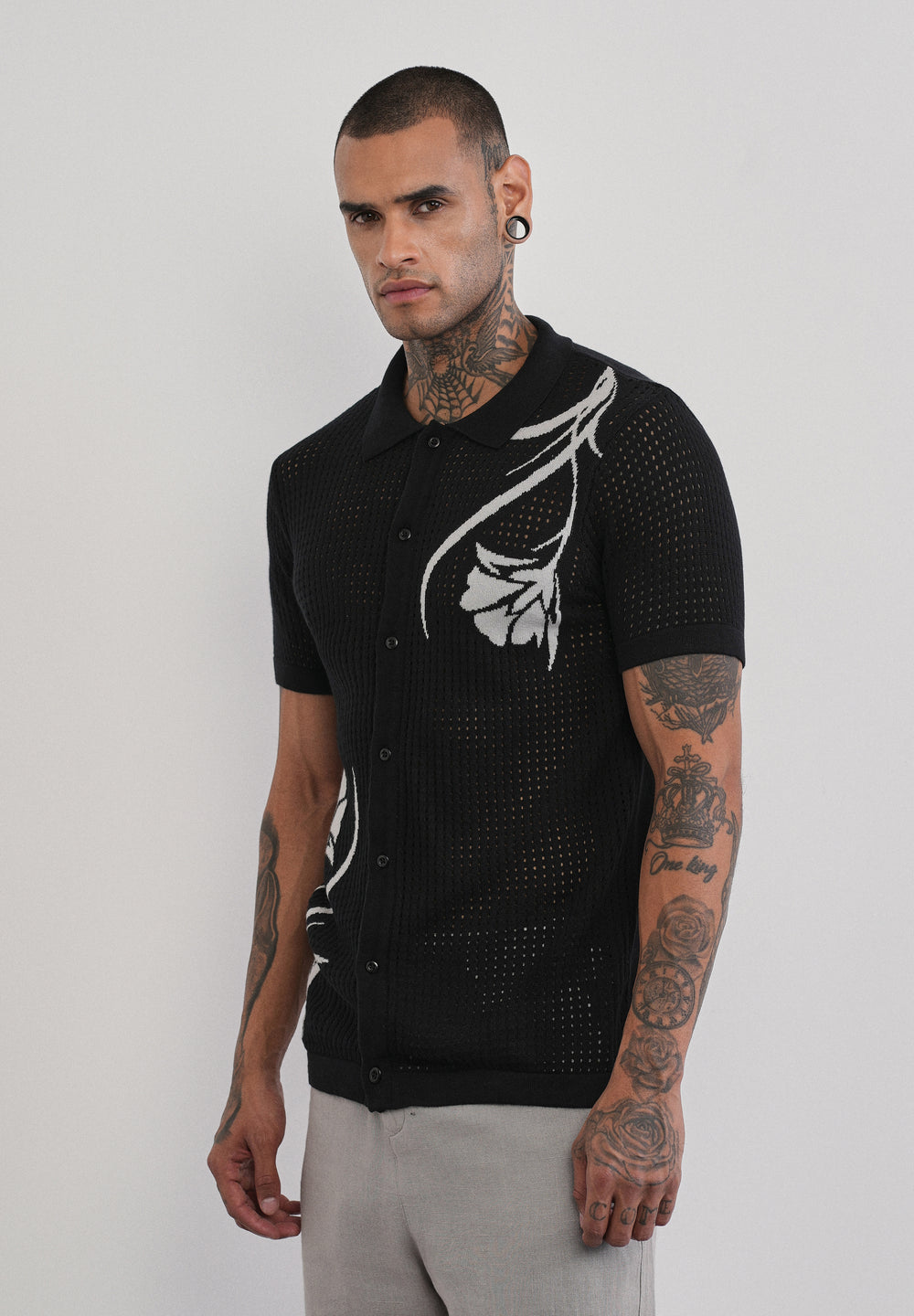 Black Floral Open Knit Shirt