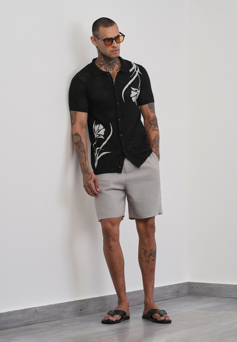 Black Floral Open Knit Shirt