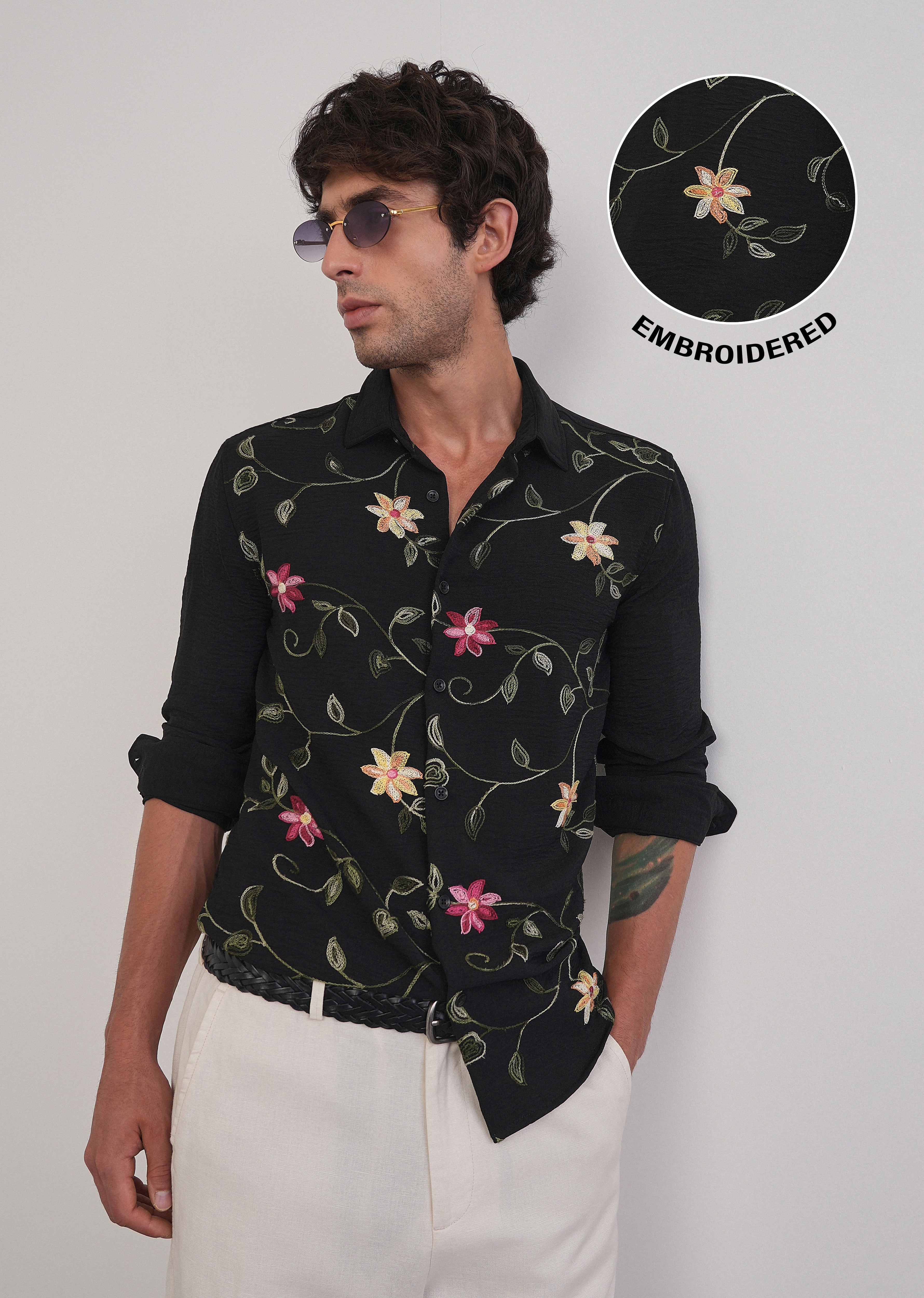 Black Floral Thread Work Shirt