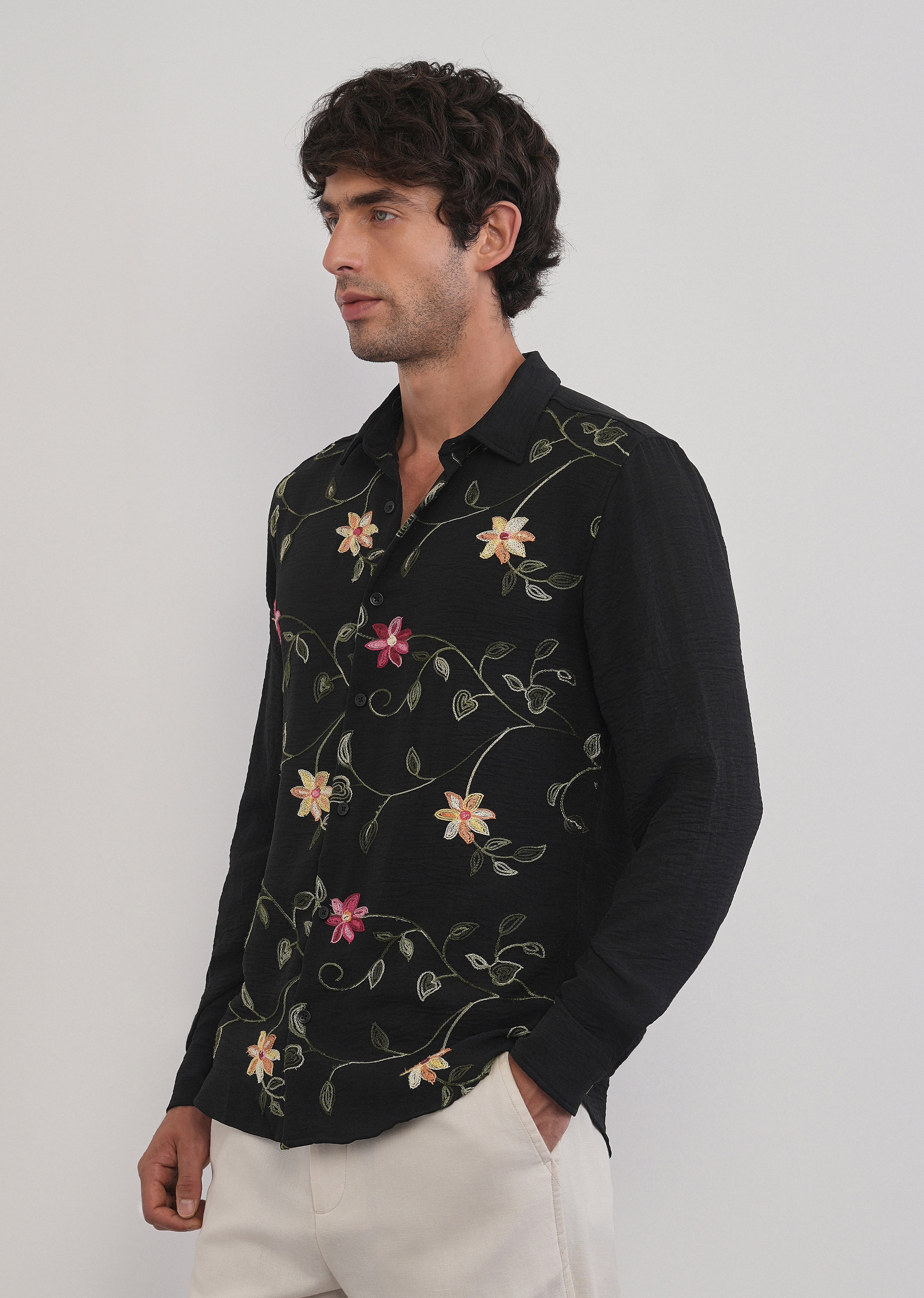Black Floral Thread Work Shirt