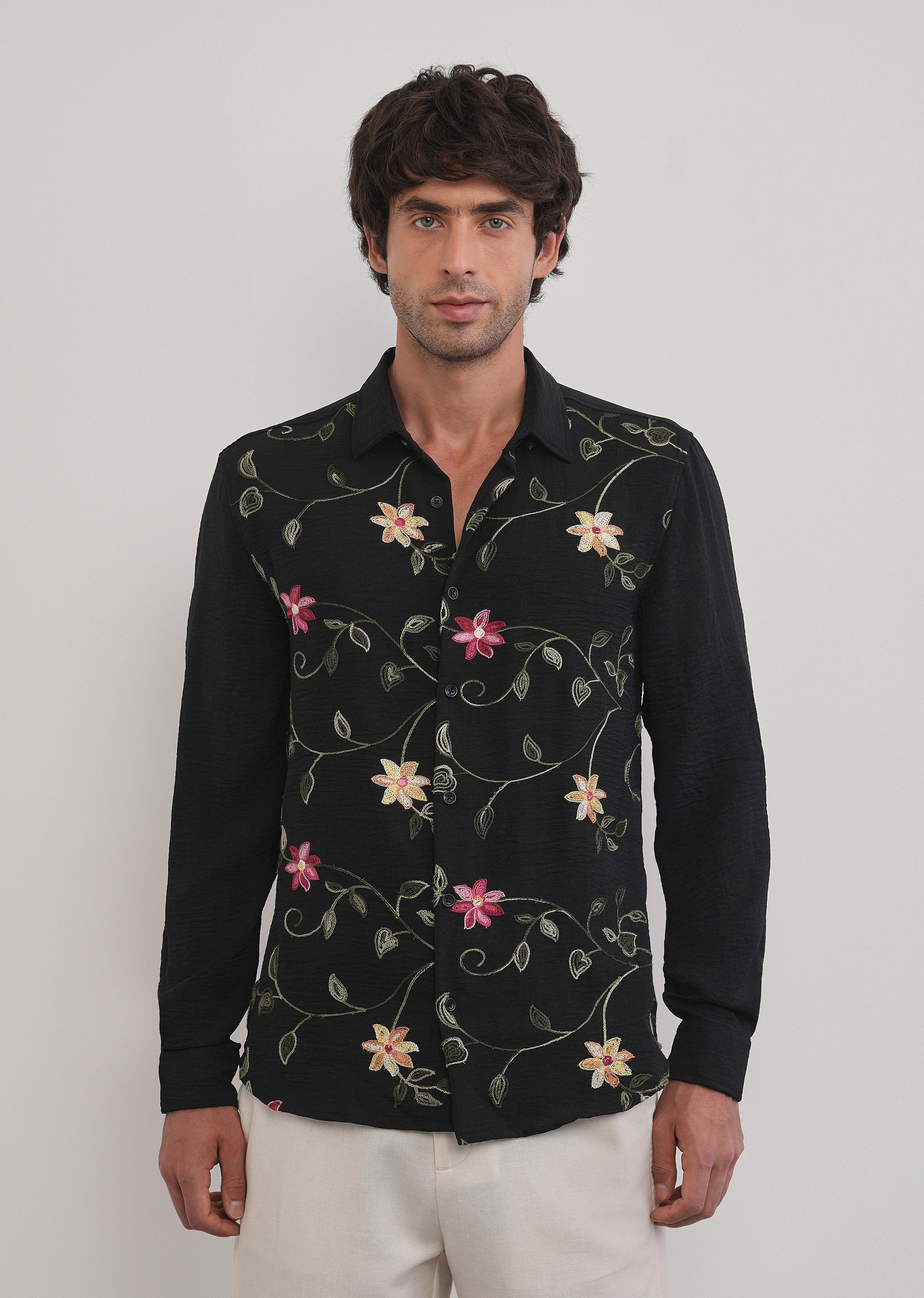 Black Floral Thread Work Shirt