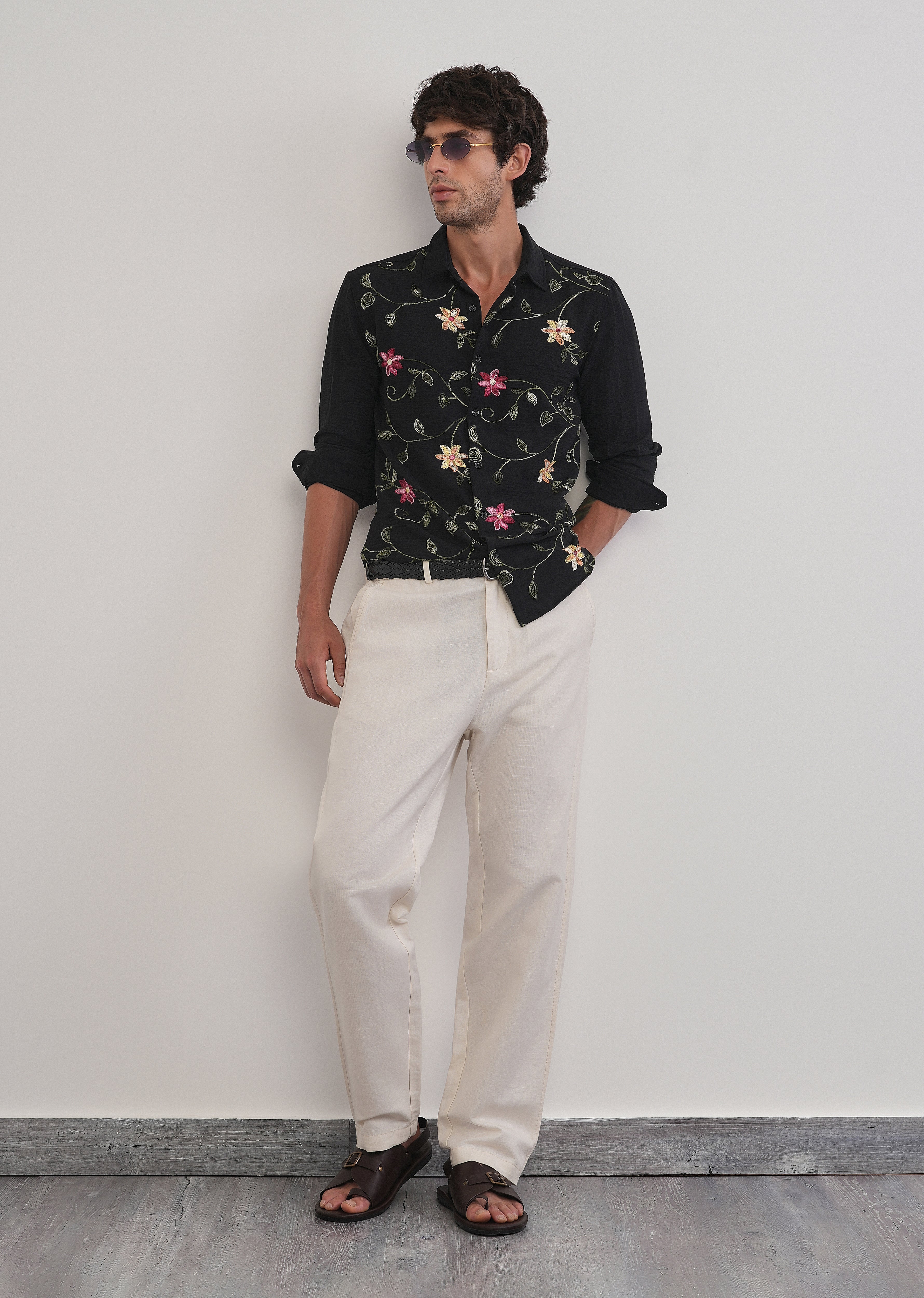 Black Floral Thread Work Shirt