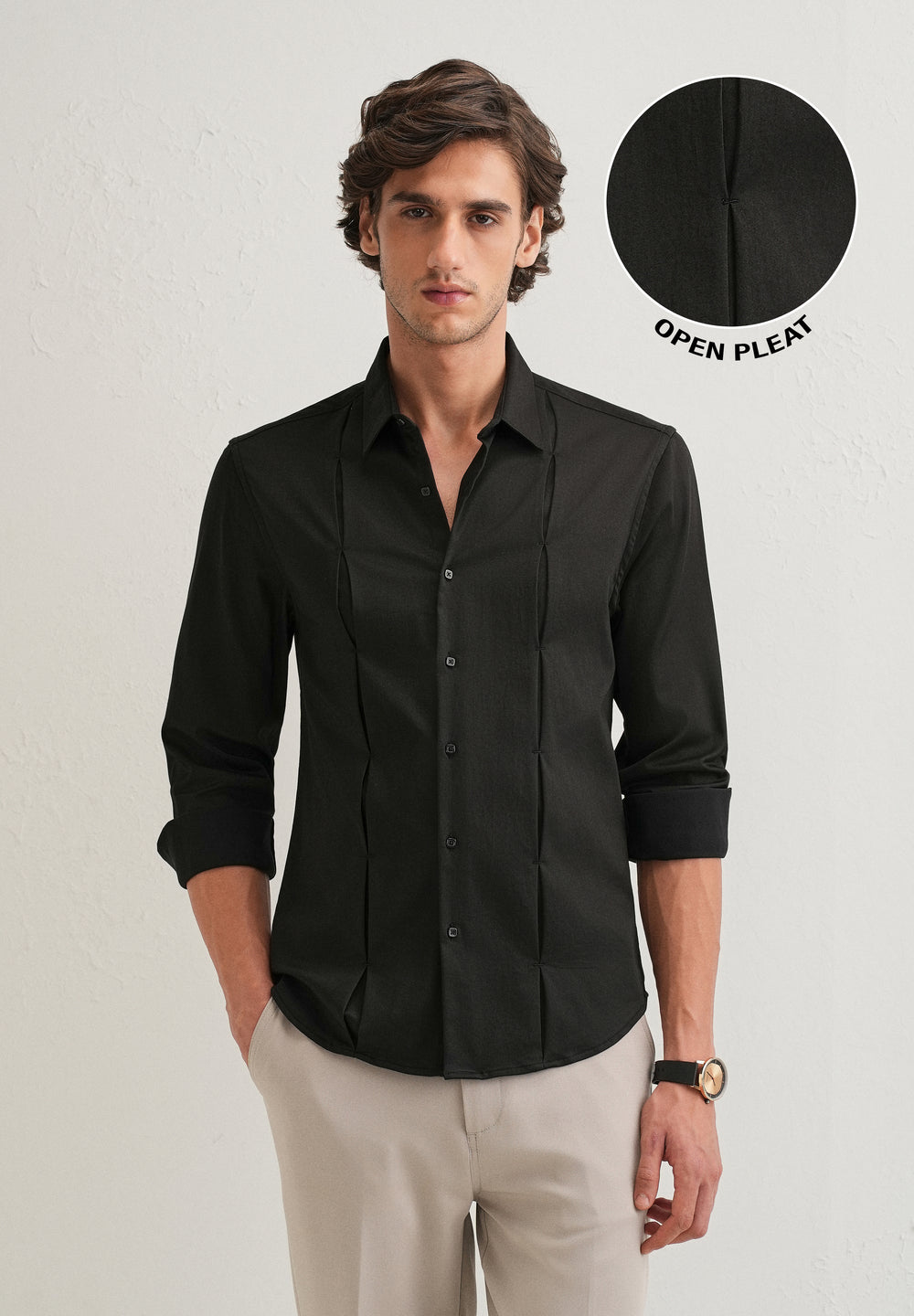 Black Front Panel Open Pleat Shirt