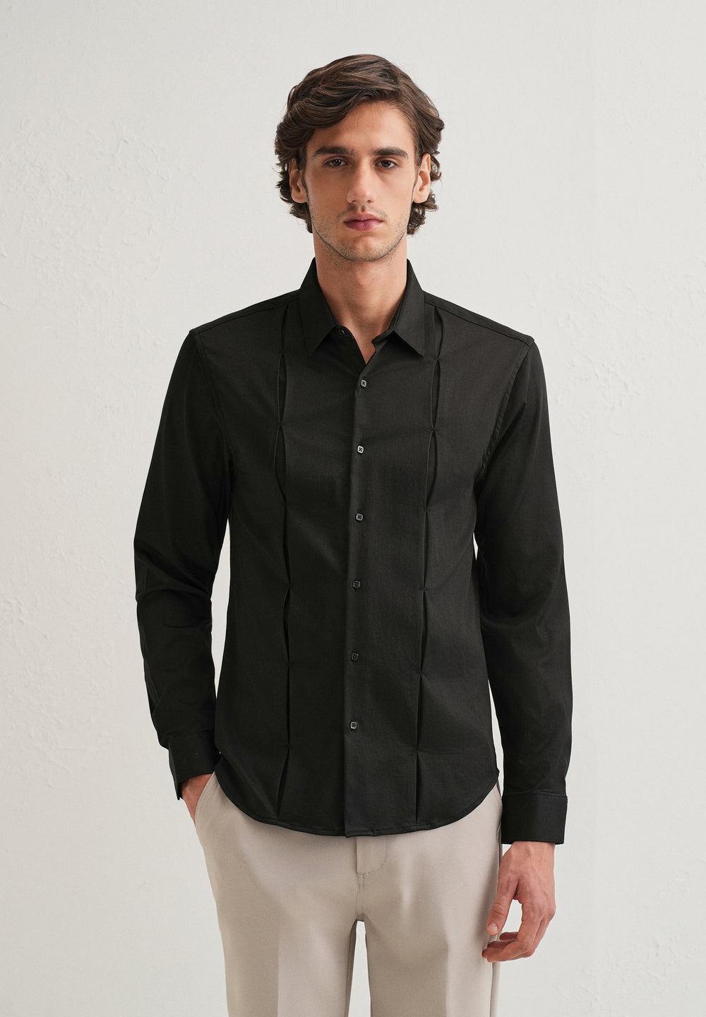 Black Front Panel Open Pleat Shirt
