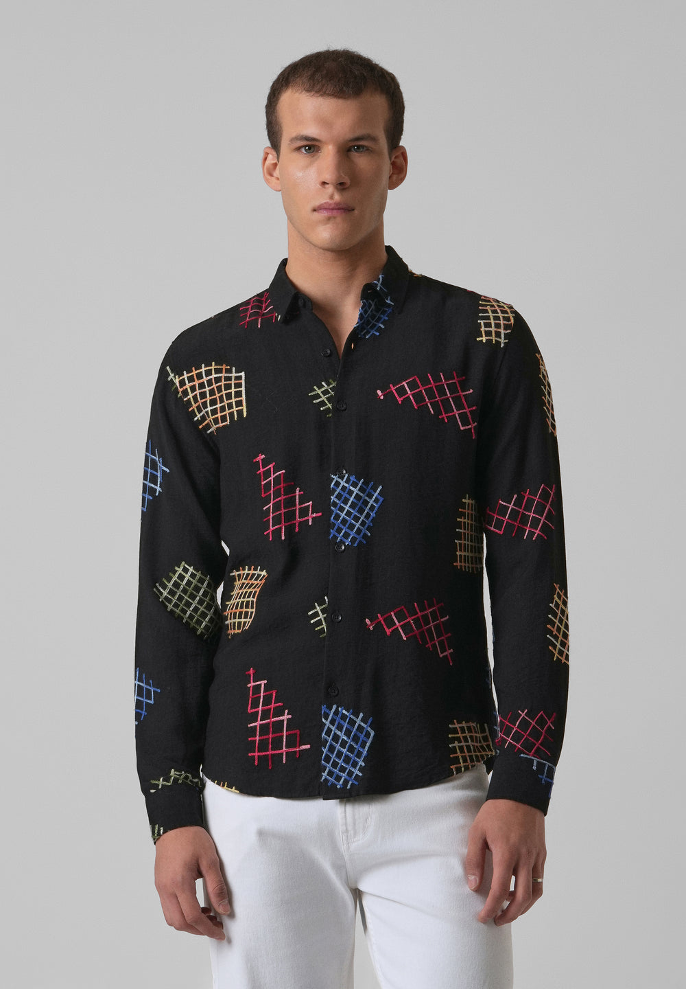 Black Geometric Embroidered Shirt