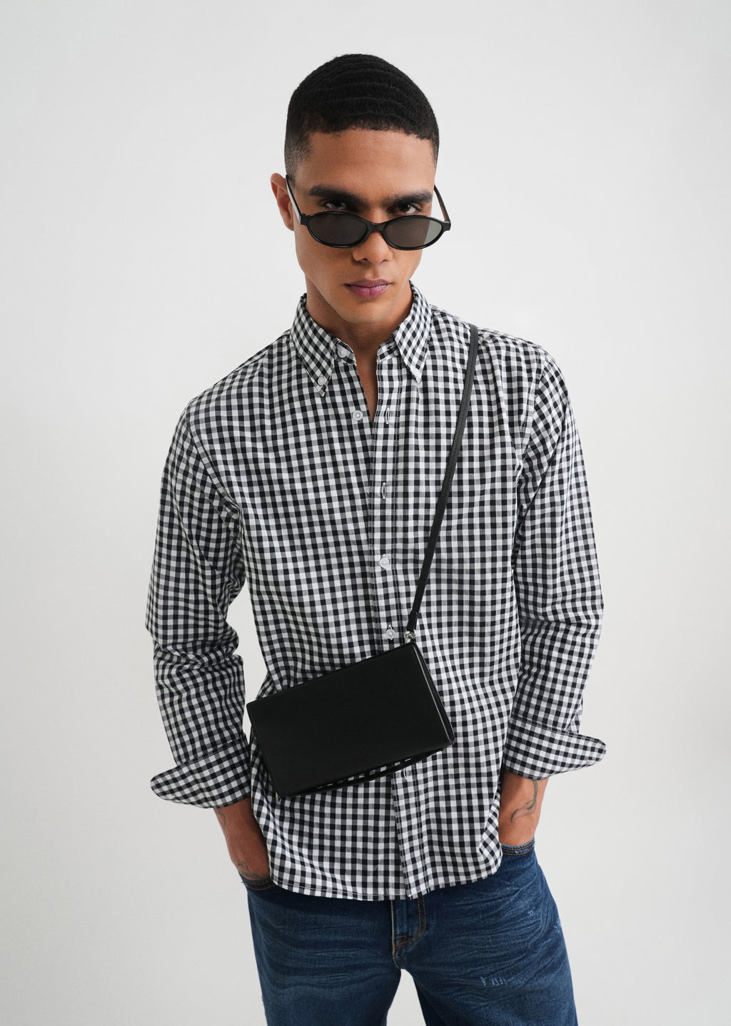 Black Gingham Check Cotton Shirt