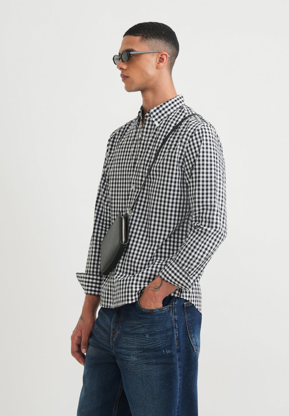 Black Gingham Check Cotton Shirt