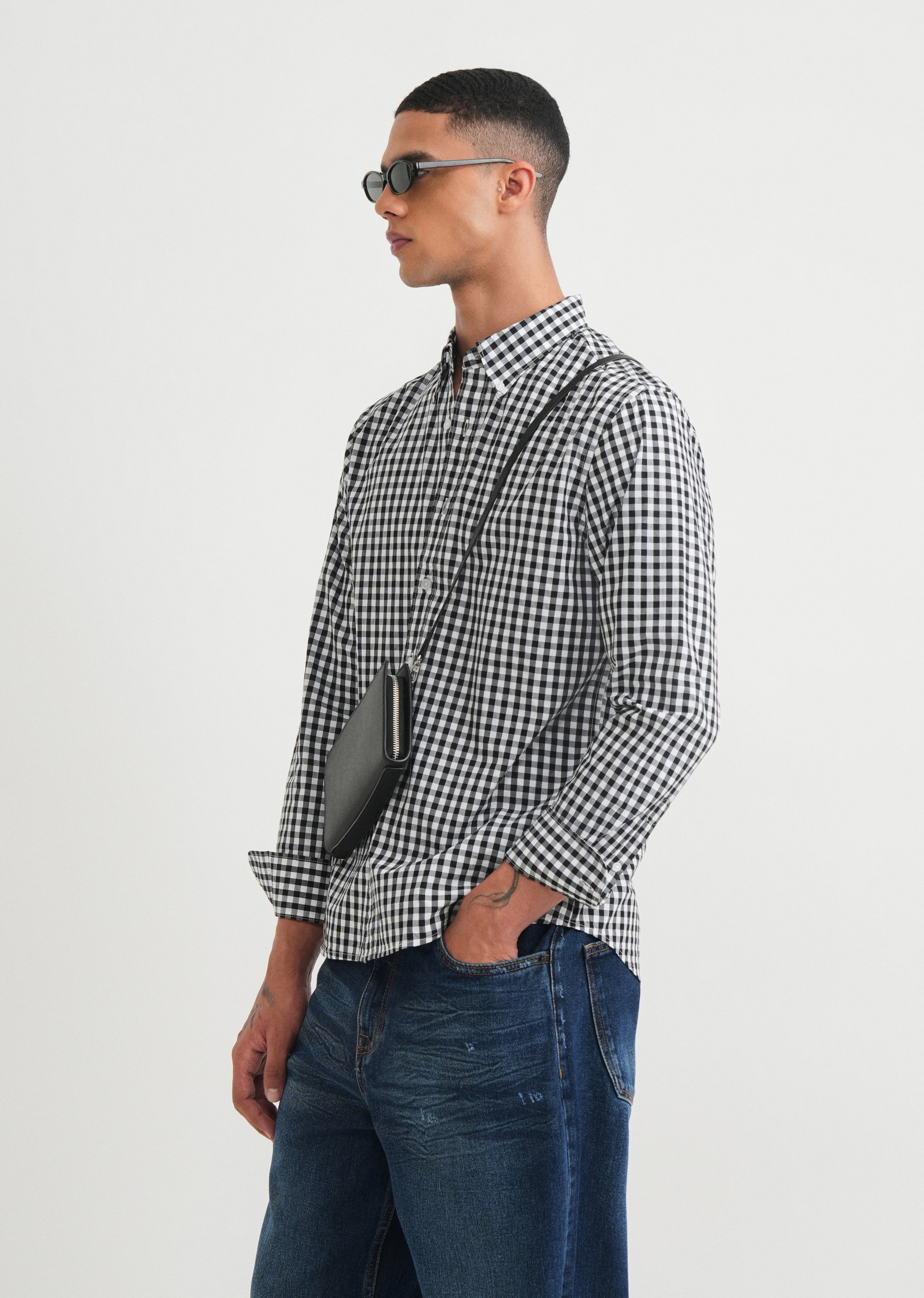 Black Gingham Check Cotton Shirt