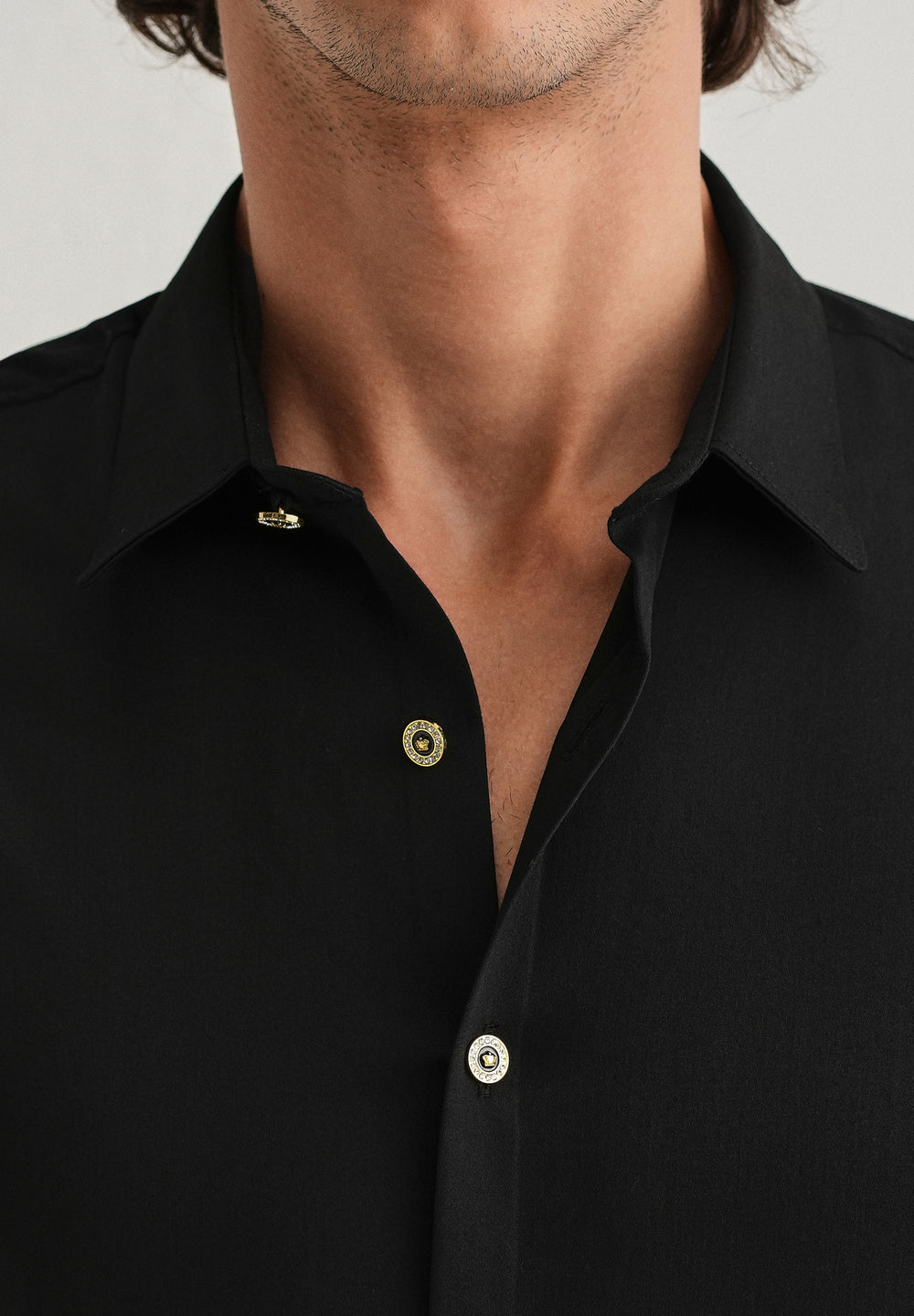 Black Glossy Gold Embellished Button Shirt
