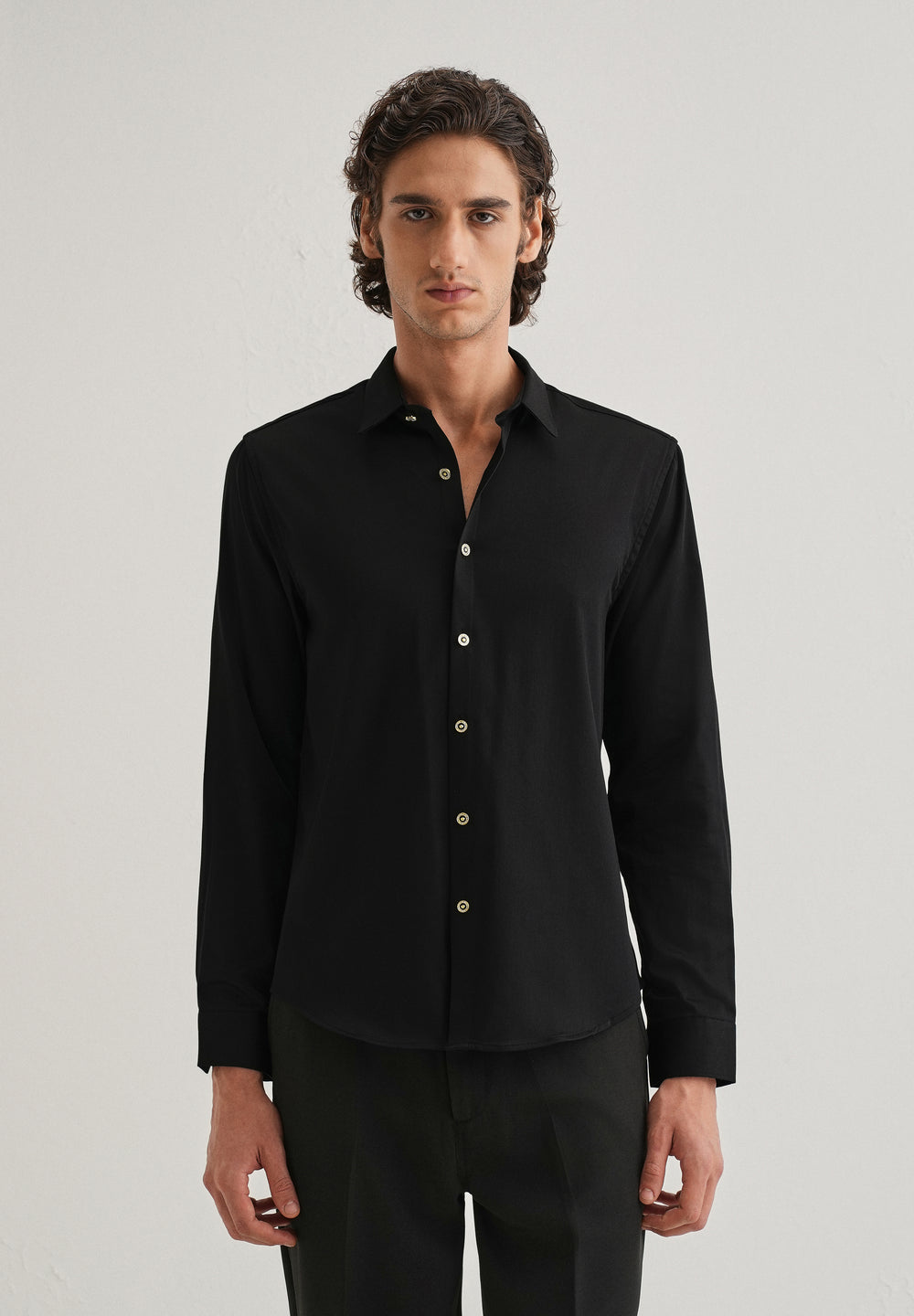 Black Glossy Gold Embellished Button Shirt