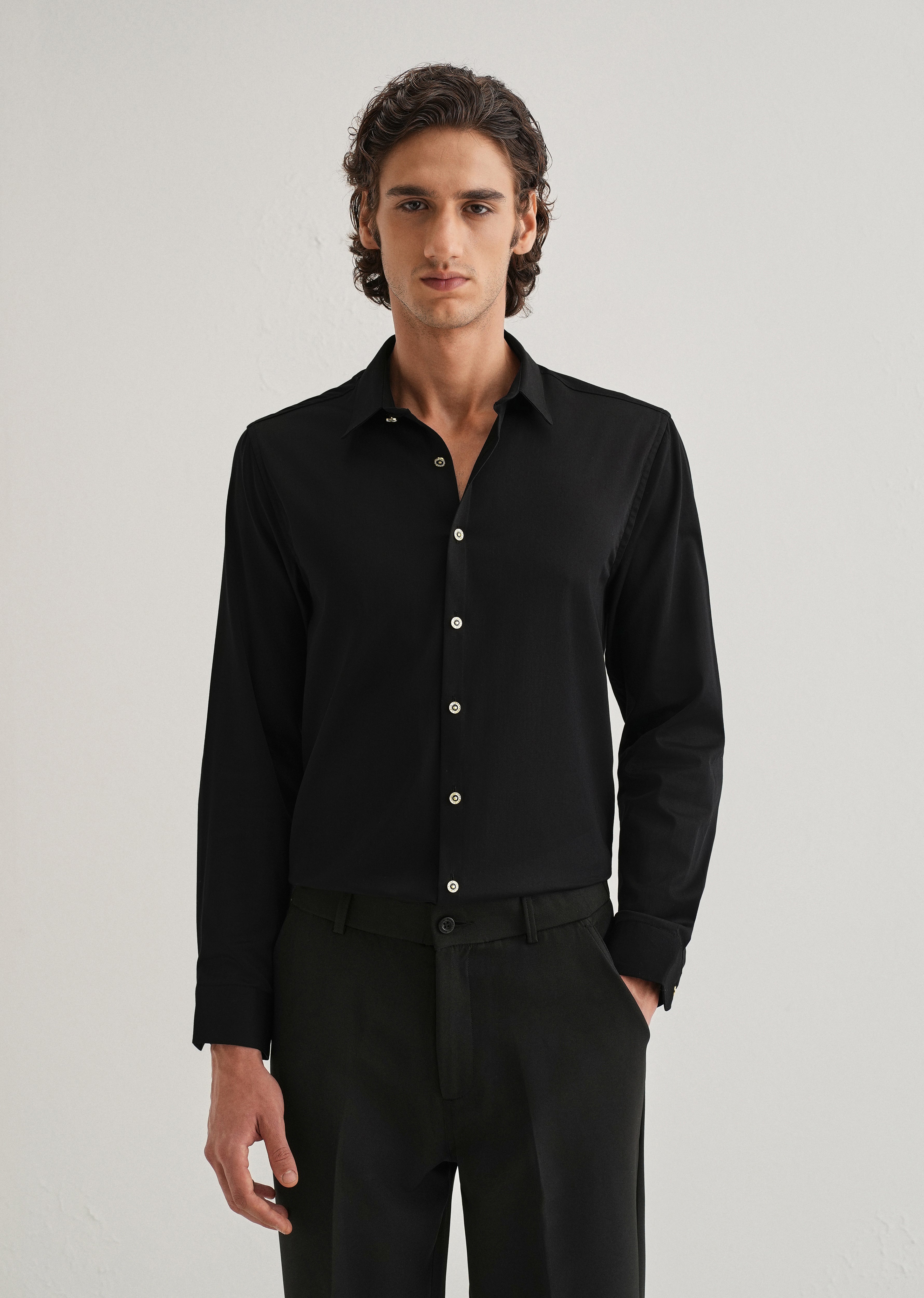 Black Glossy Gold Embellished Button Shirt