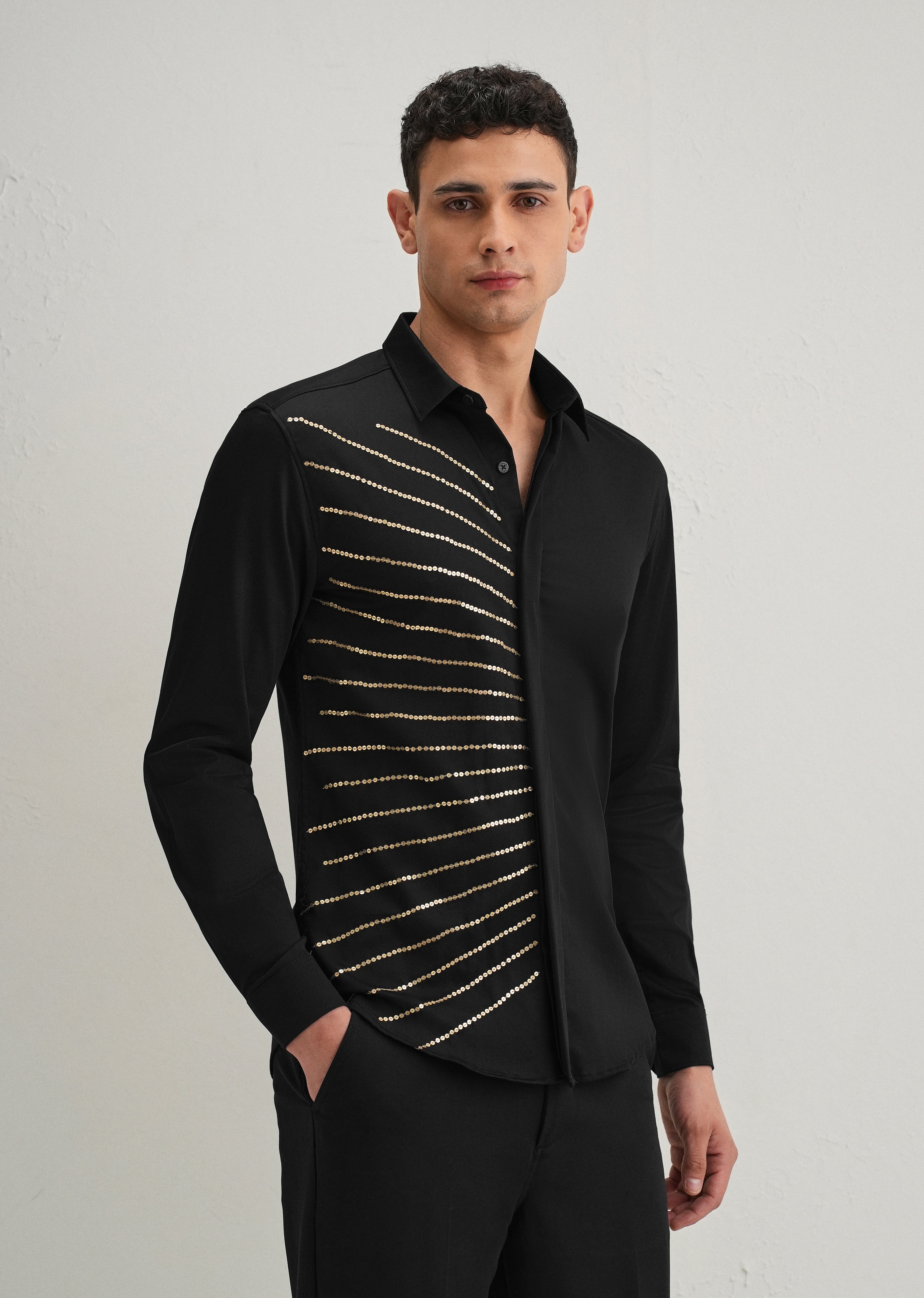 Black Gradient Ray Sequin Designer Shirt