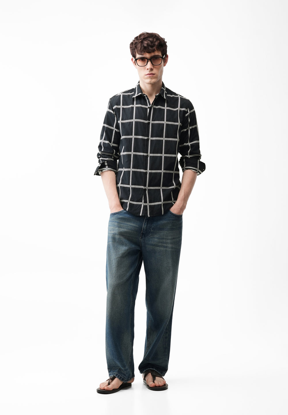 Black Grid Jacquard Check Shirt