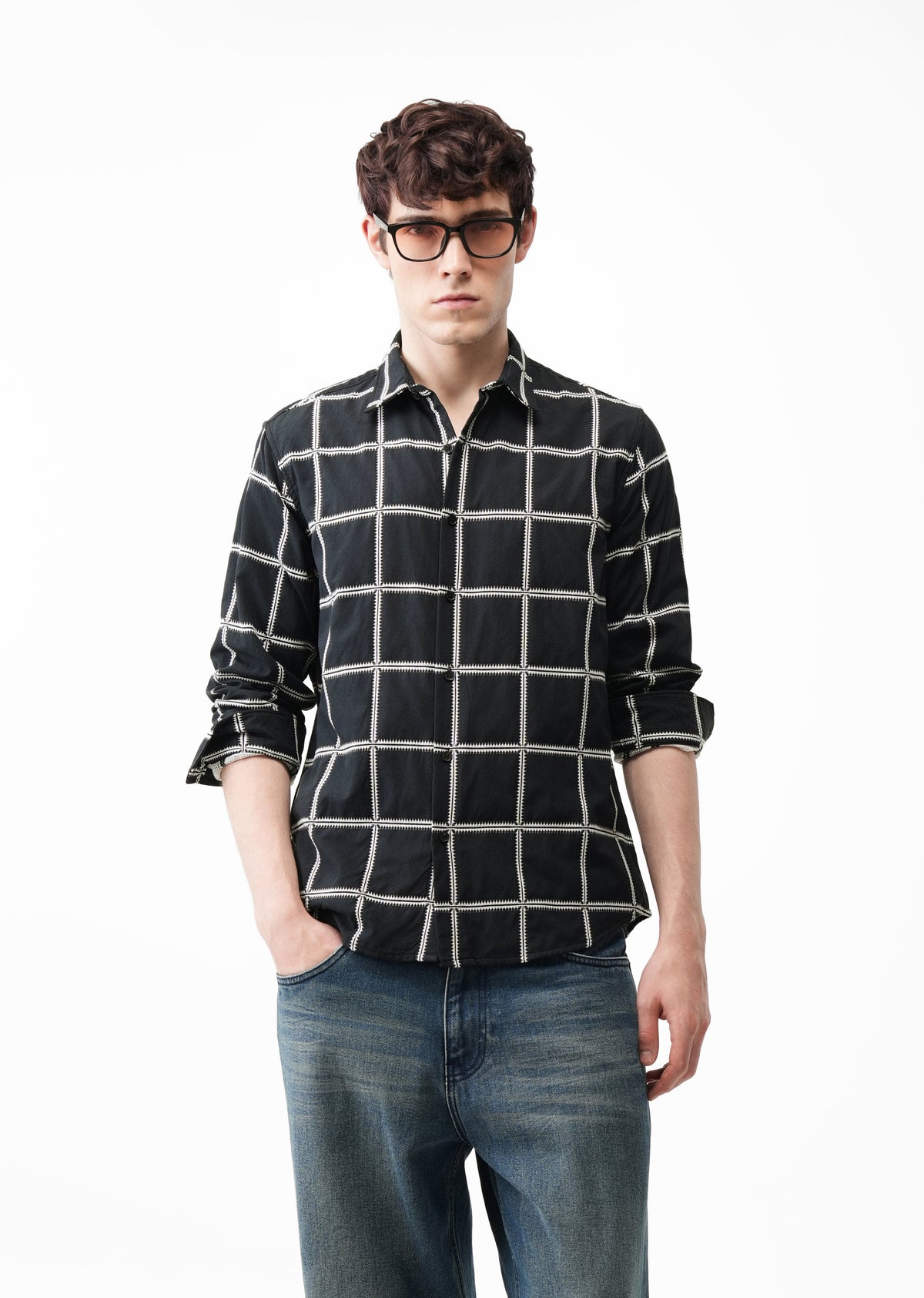 Black Grid Jacquard Check Shirt