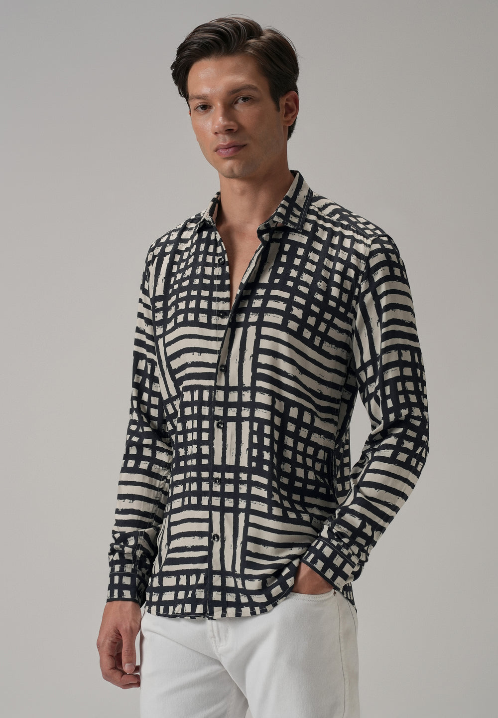 Black Grid Pattern Printed Shirt