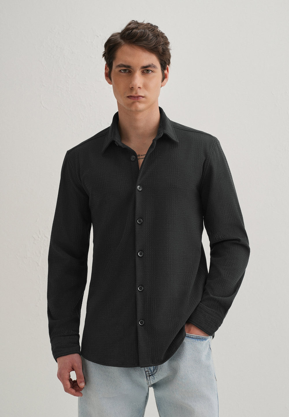 Black Grid Textured Knit Shirt