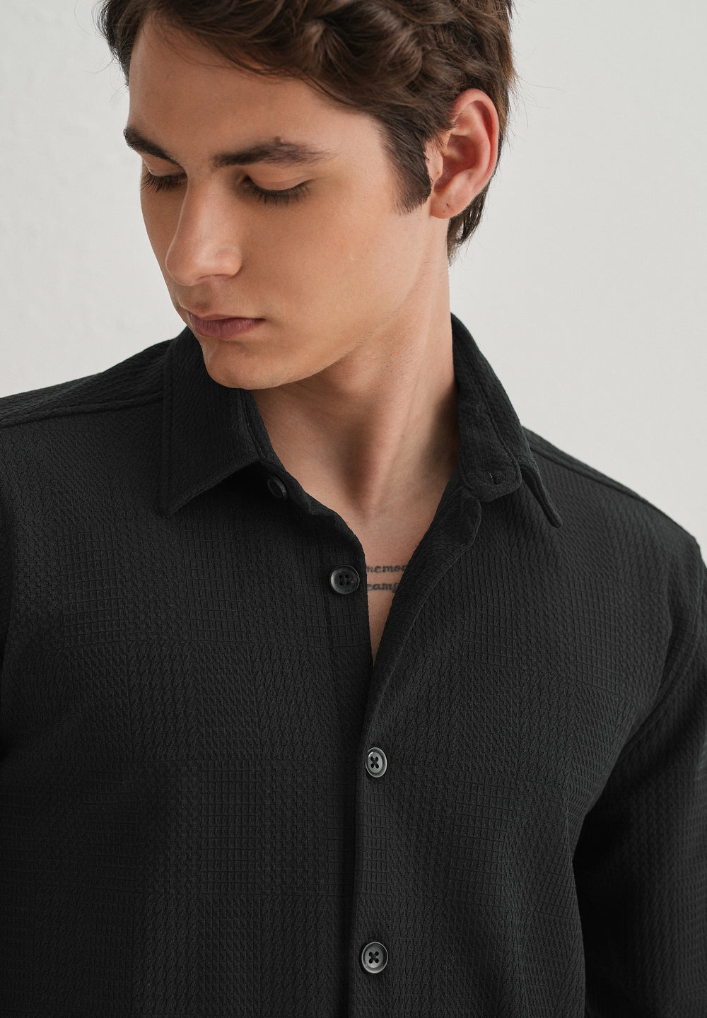Black Grid Textured Knit Shirt