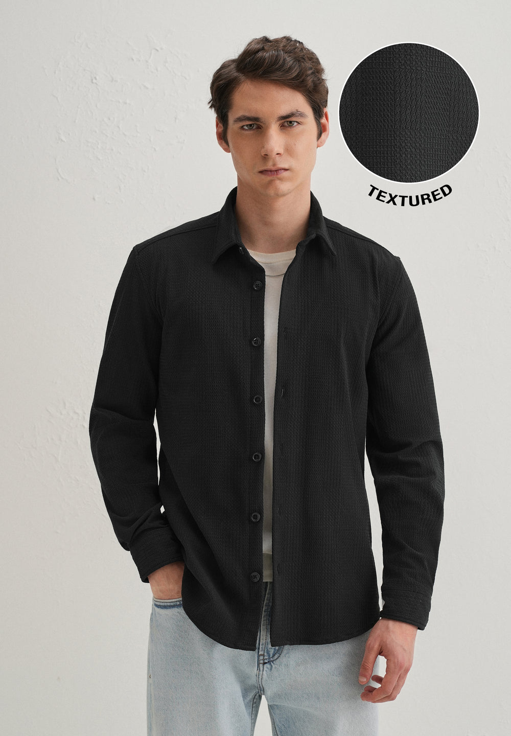Black Grid Textured Knit Shirt