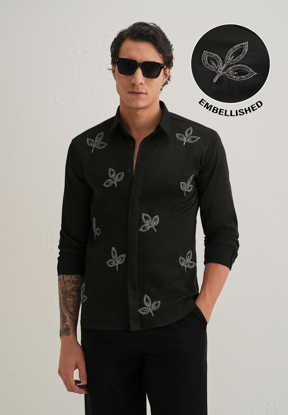 Black Handcrafted Leaf Designer Shirt