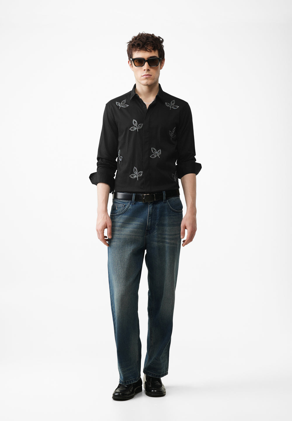 Black Handcrafted Leaf Designer Shirt