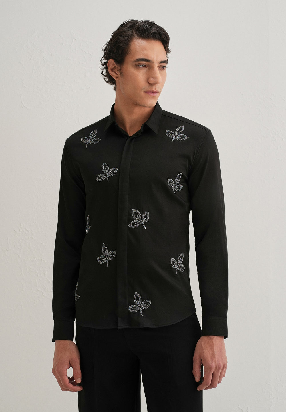 Black Handcrafted Leaf Designer Shirt