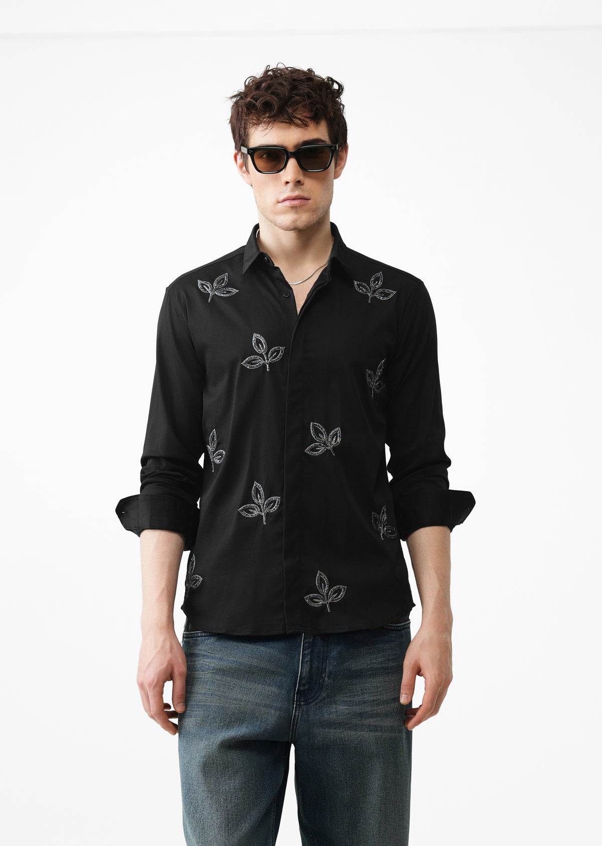 Black Handcrafted Leaf Designer Shirt