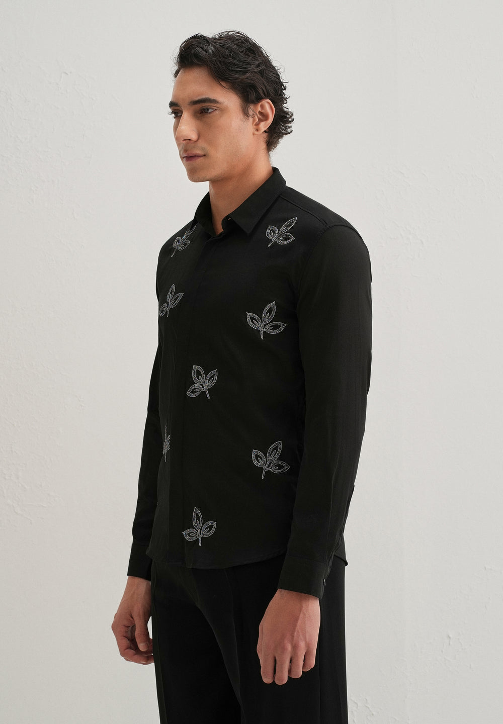 Black Handcrafted Leaf Designer Shirt