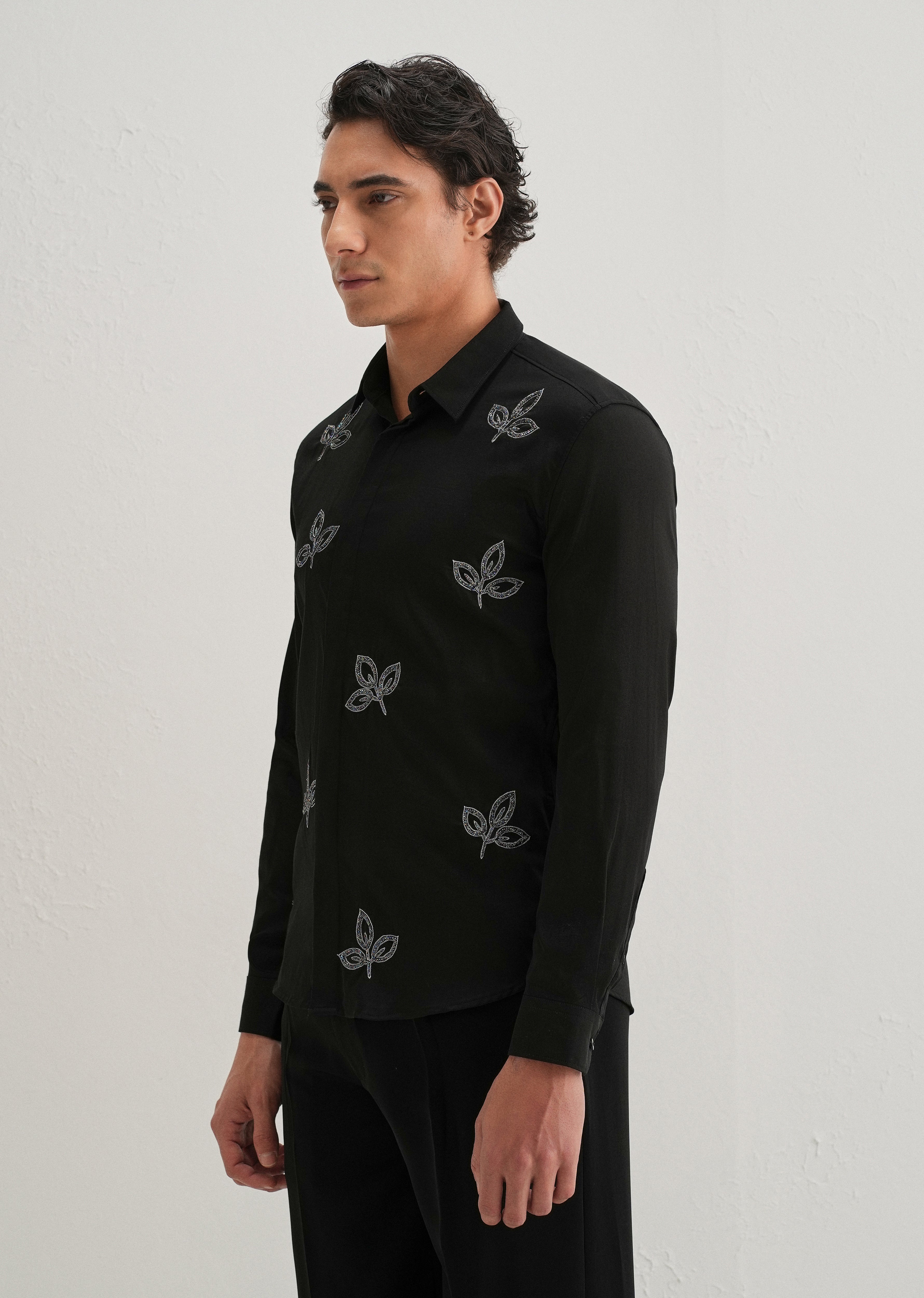Black Handcrafted Leaf Designer Shirt