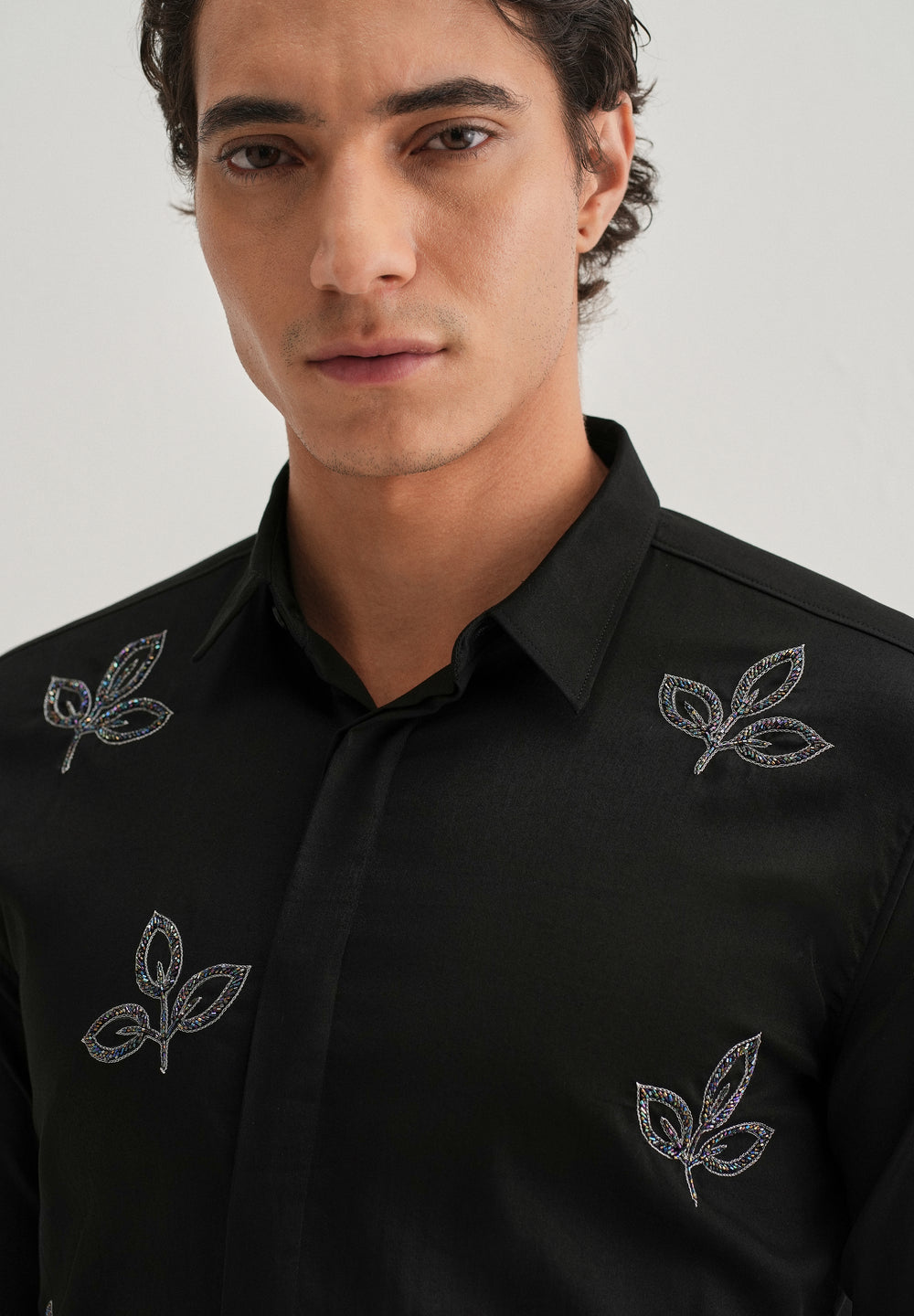 Black Handcrafted Leaf Designer Shirt