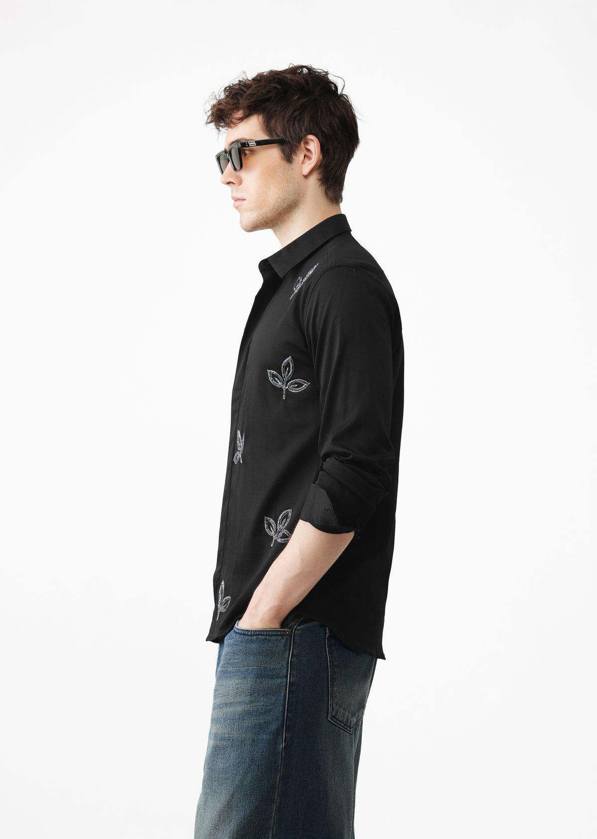 Black Handcrafted Leaf Designer Shirt