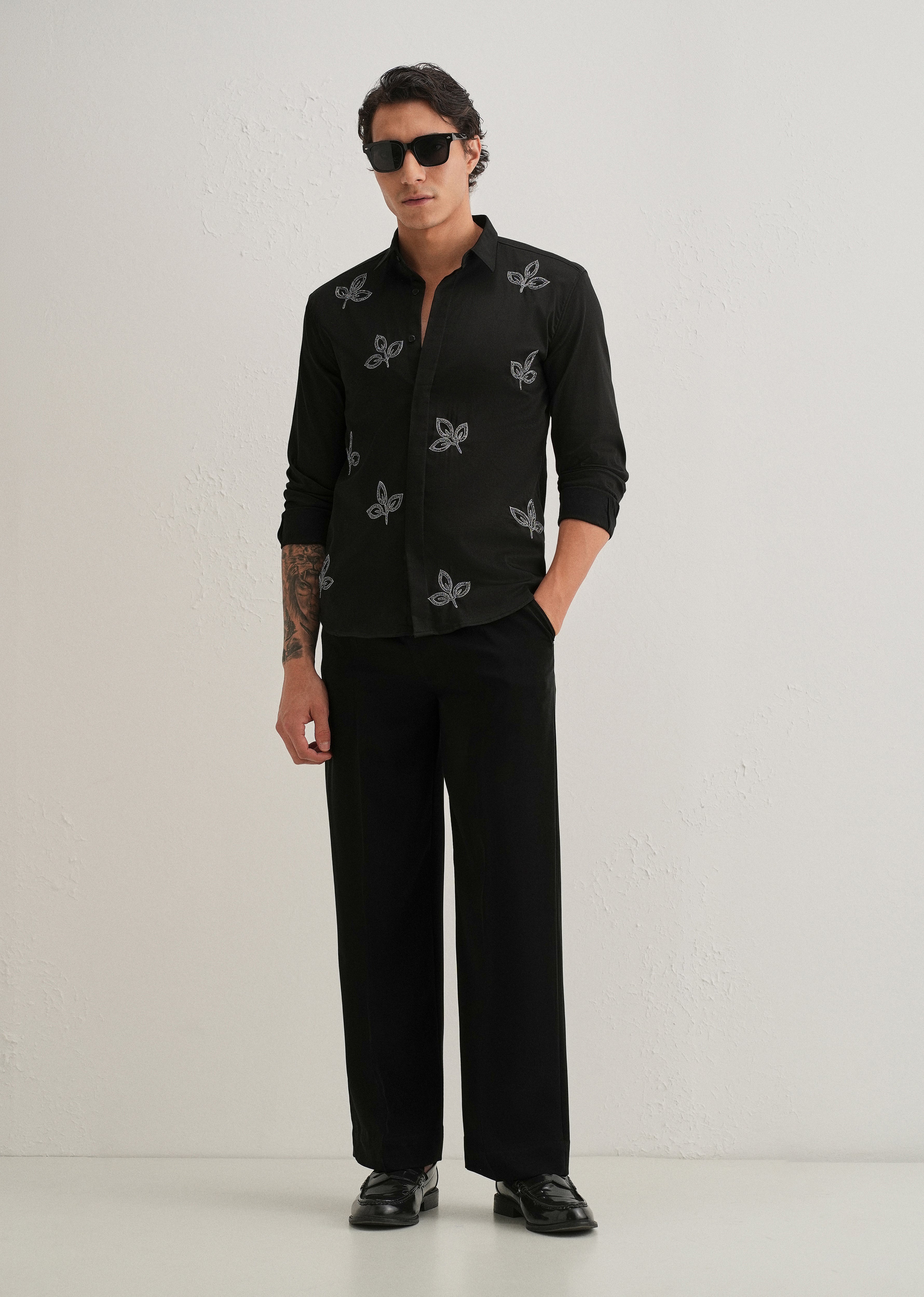 Black Handcrafted Leaf Designer Shirt