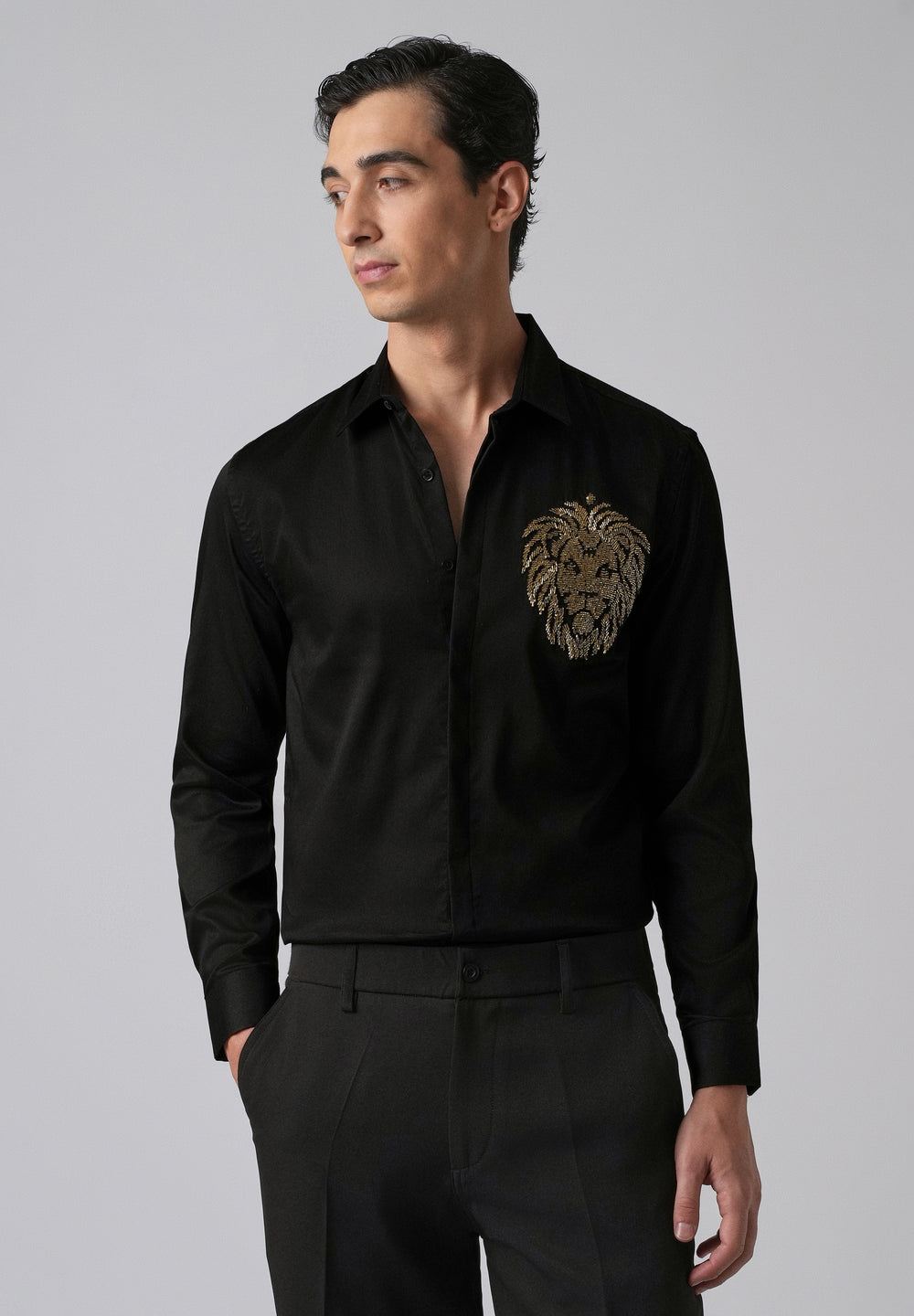 Black Handcrafted Lion Embroidery Designer Shirt
