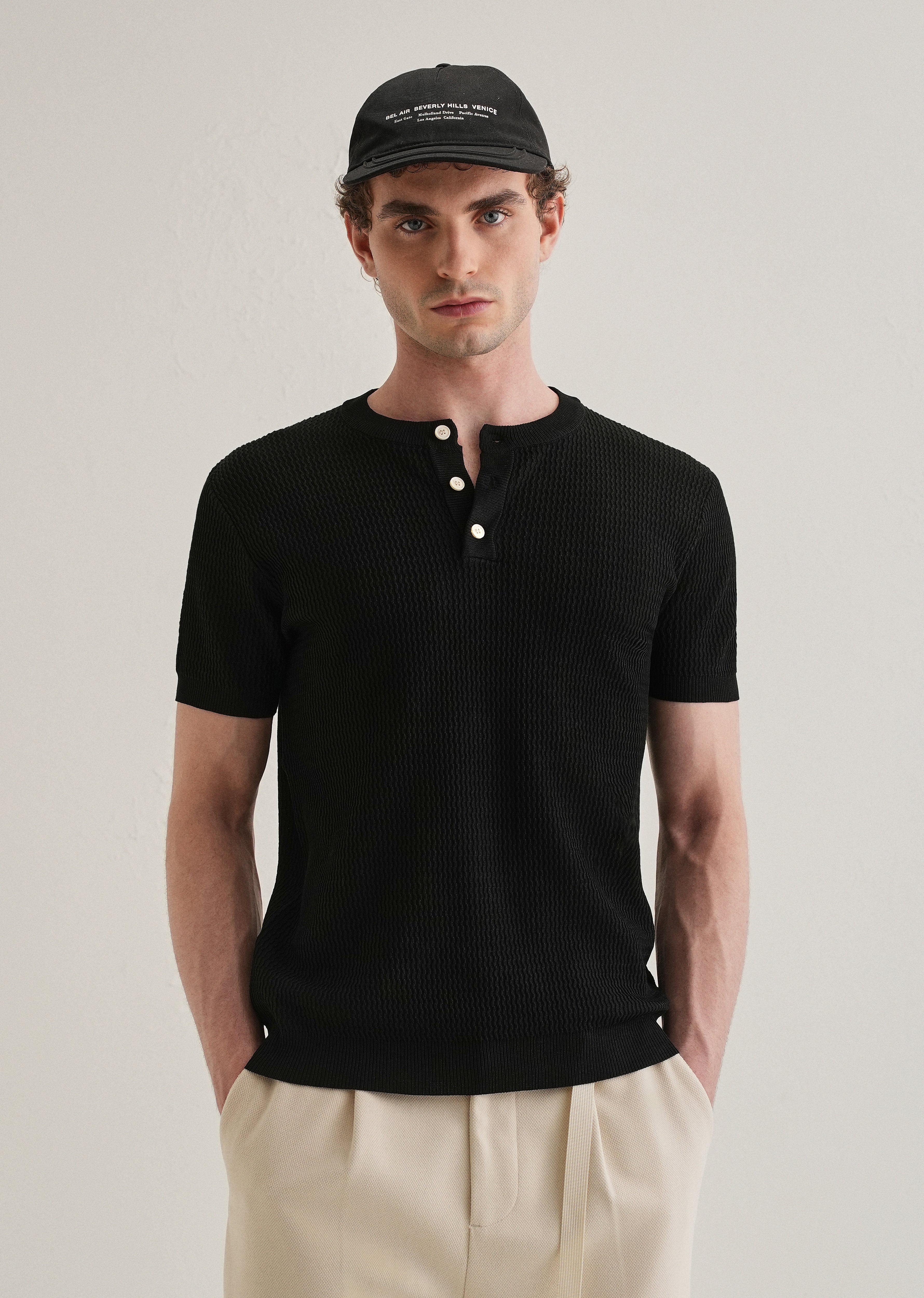 Black Henley Neck Knitted T-shirt
