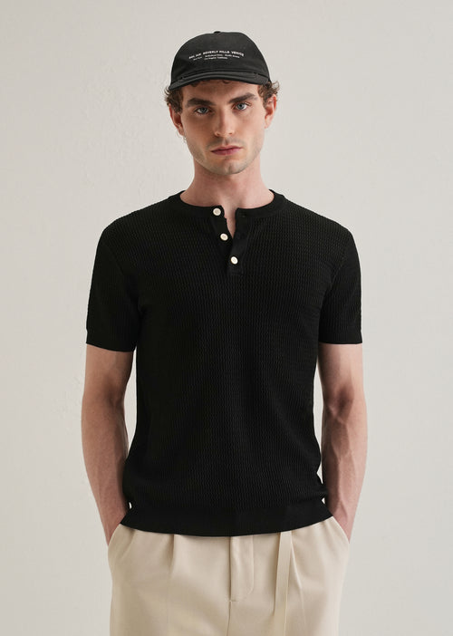 Black Henley Neck Knitted T-shirt