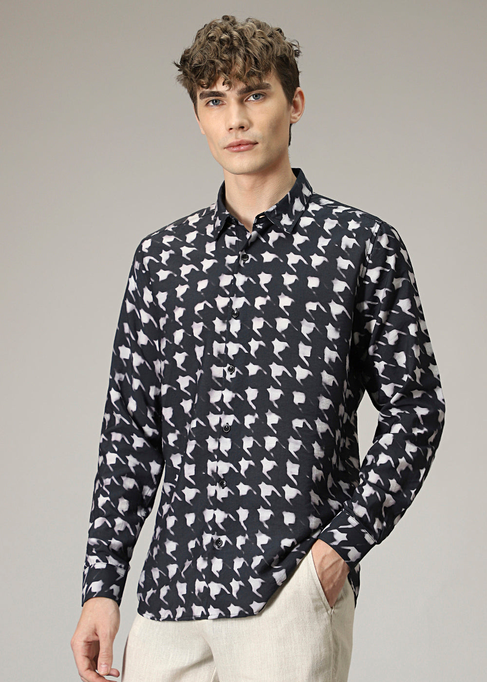 Black Herringbone Print Shirt