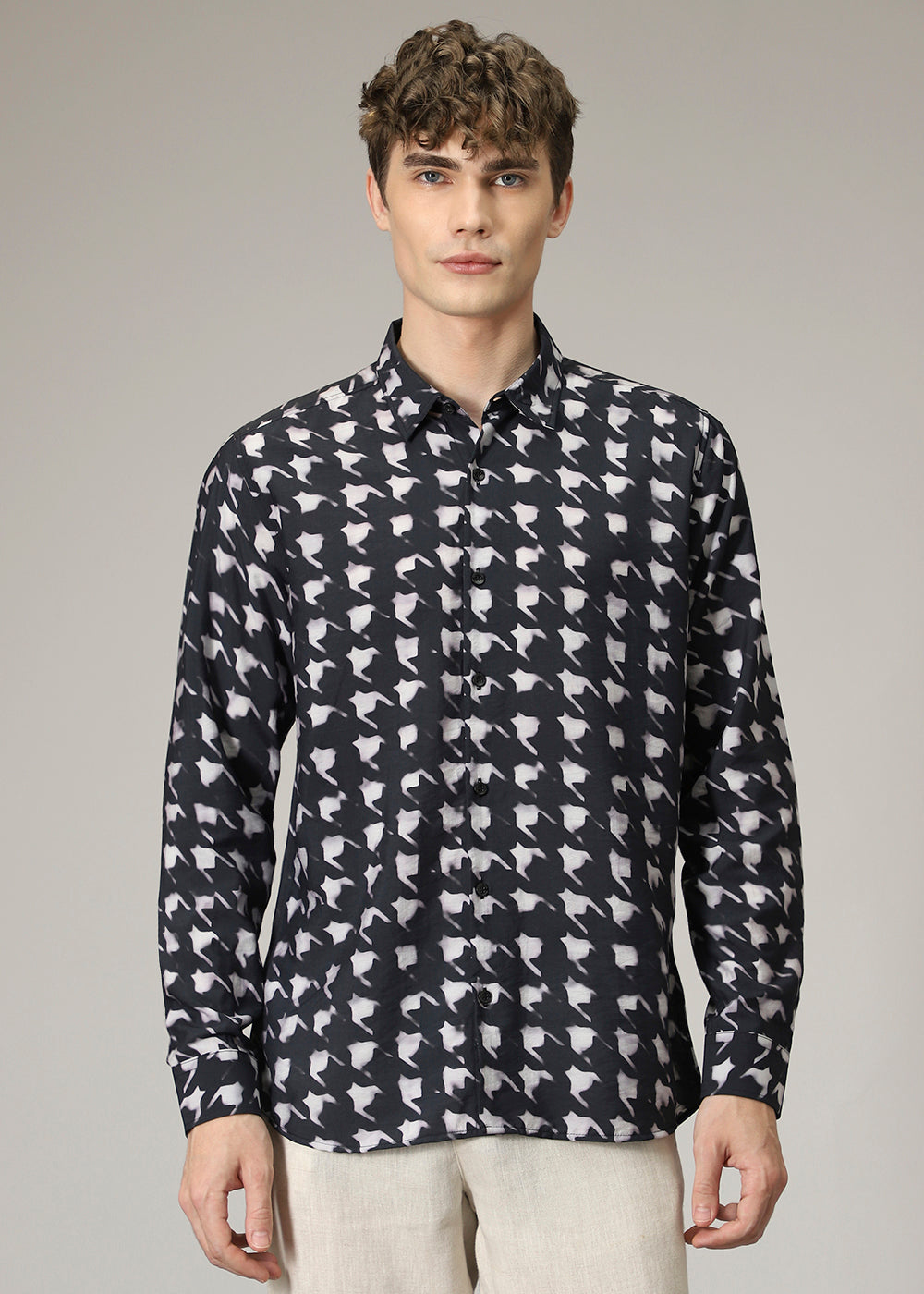 Black Herringbone Print Shirt