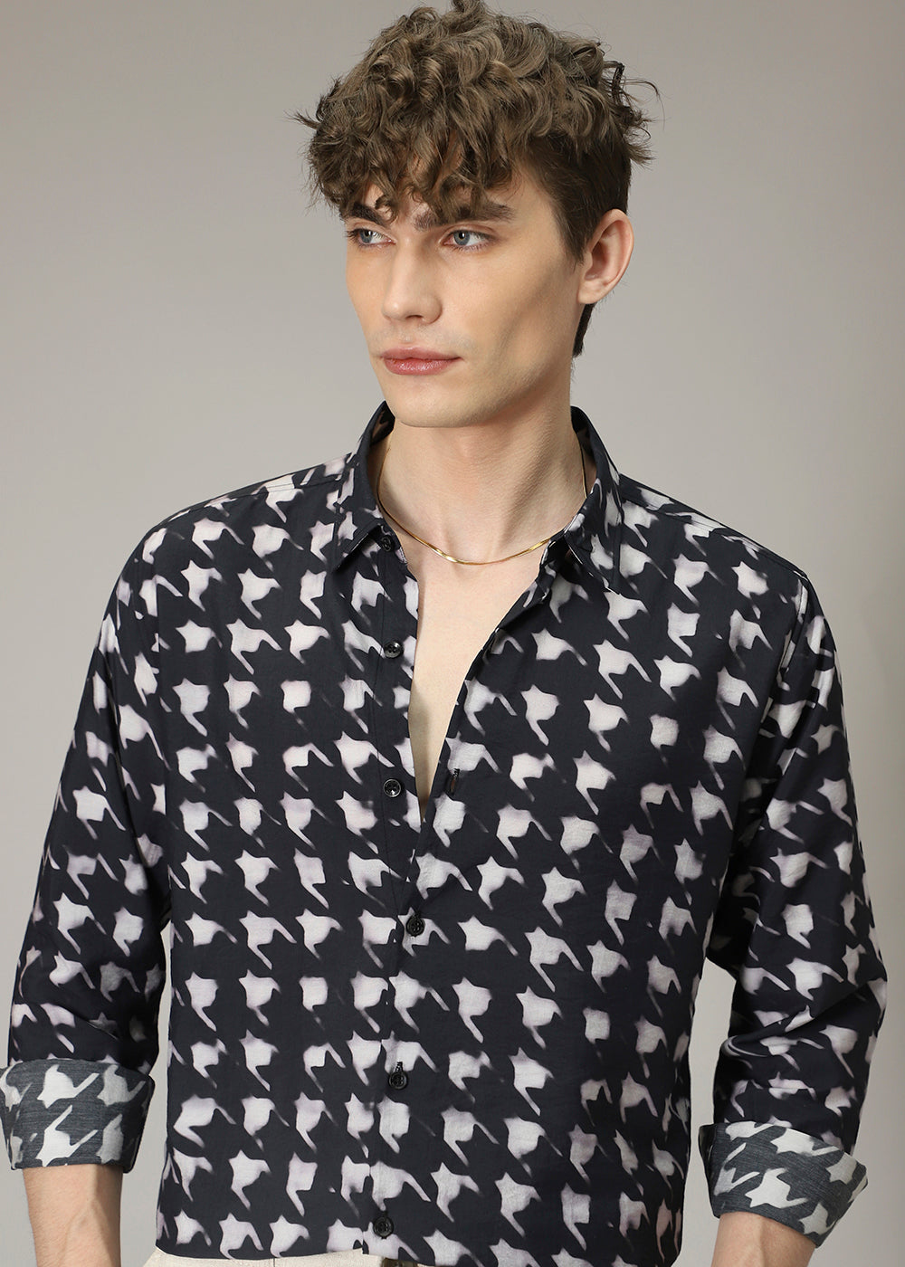 Black Herringbone Print Shirt