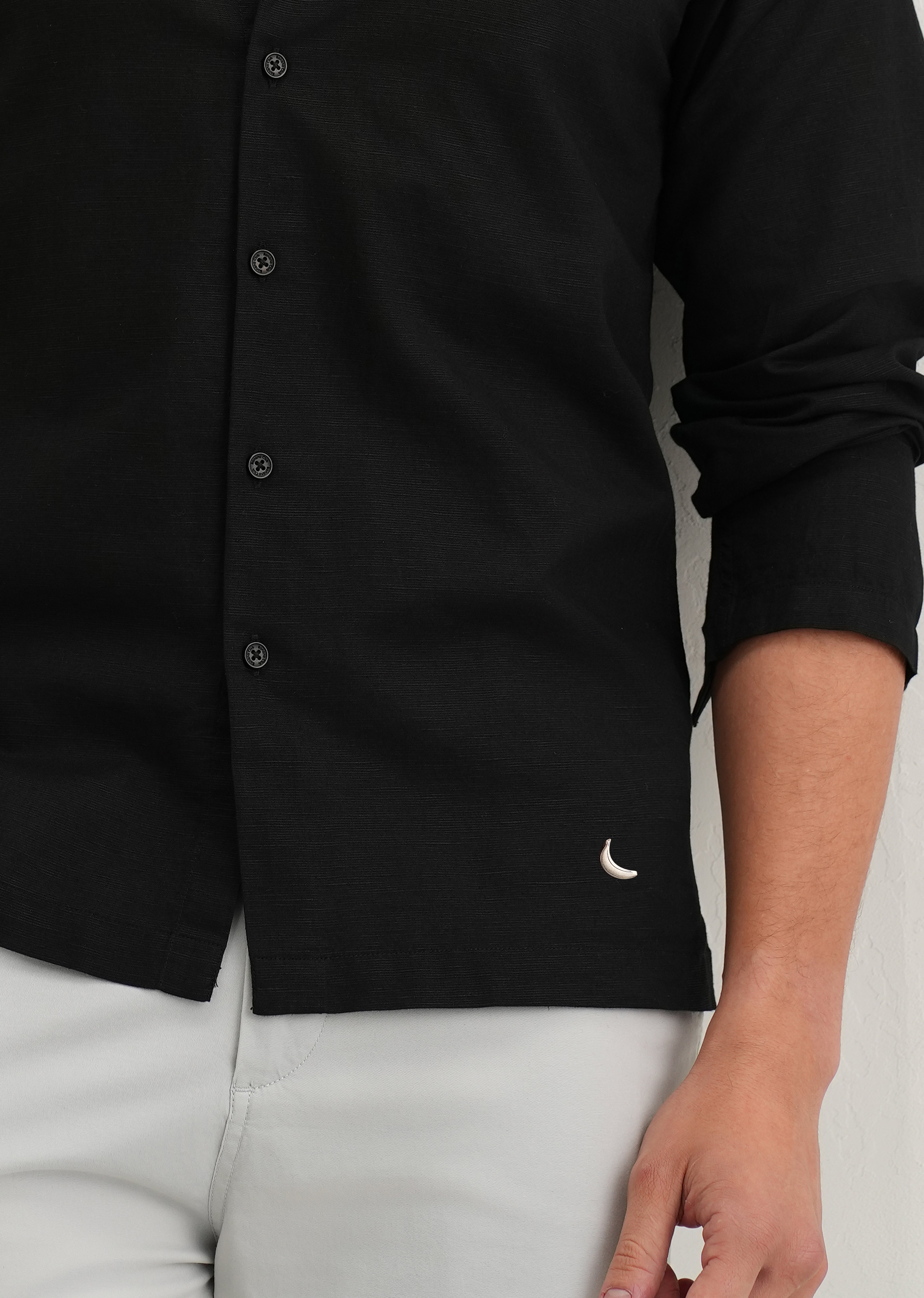 Black Hidden Sleeve Placket Cotton Linen Shirt