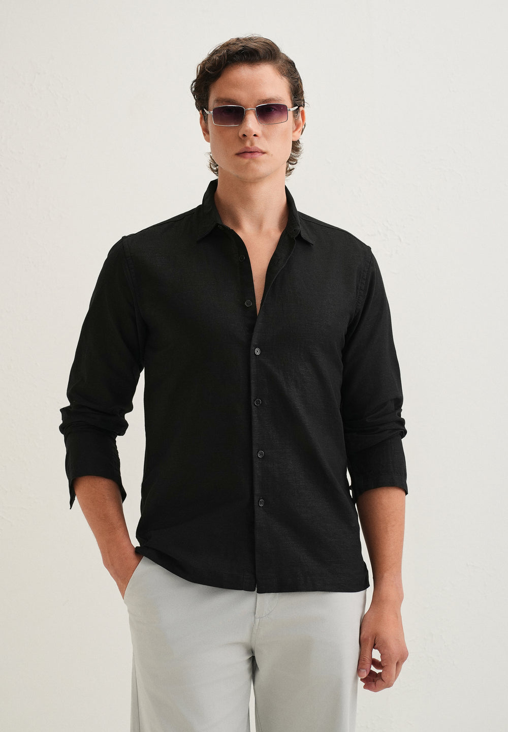 Black Hidden Sleeve Placket Cotton Linen Shirt