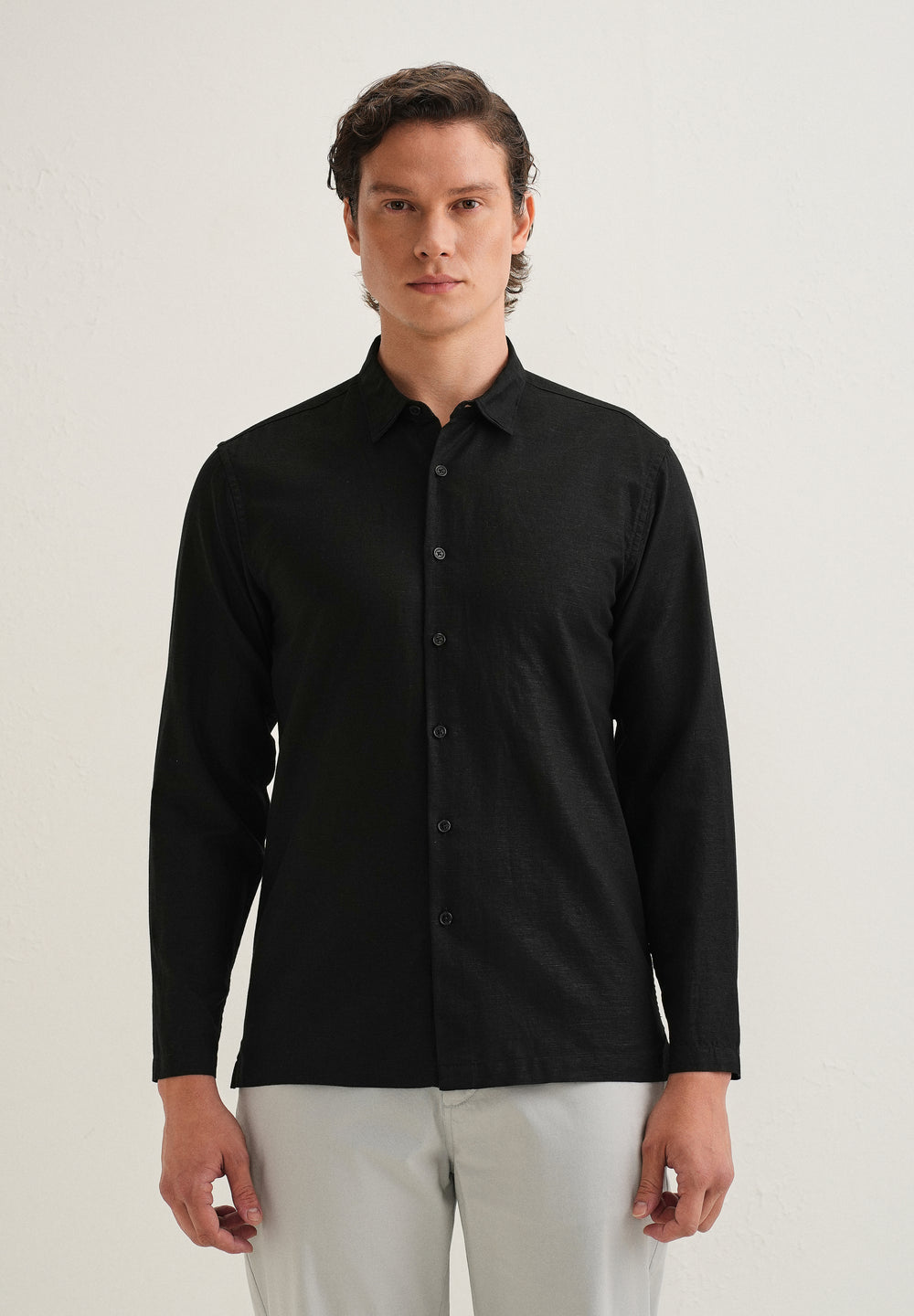 Black Hidden Sleeve Placket Cotton Linen Shirt