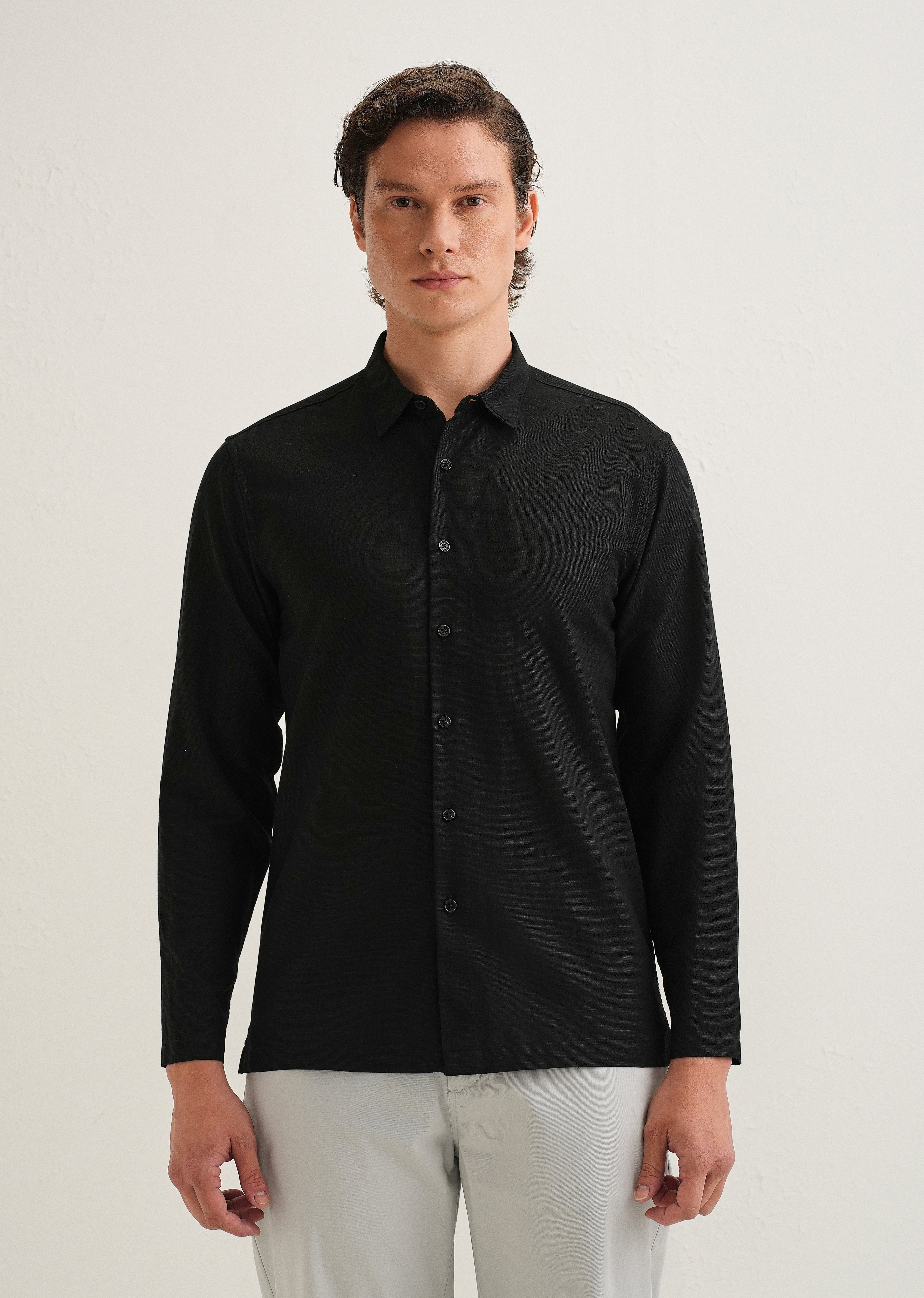 Black Hidden Sleeve Placket Cotton Linen Shirt