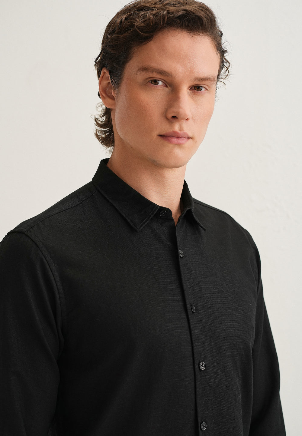 Black Hidden Sleeve Placket Cotton Linen Shirt