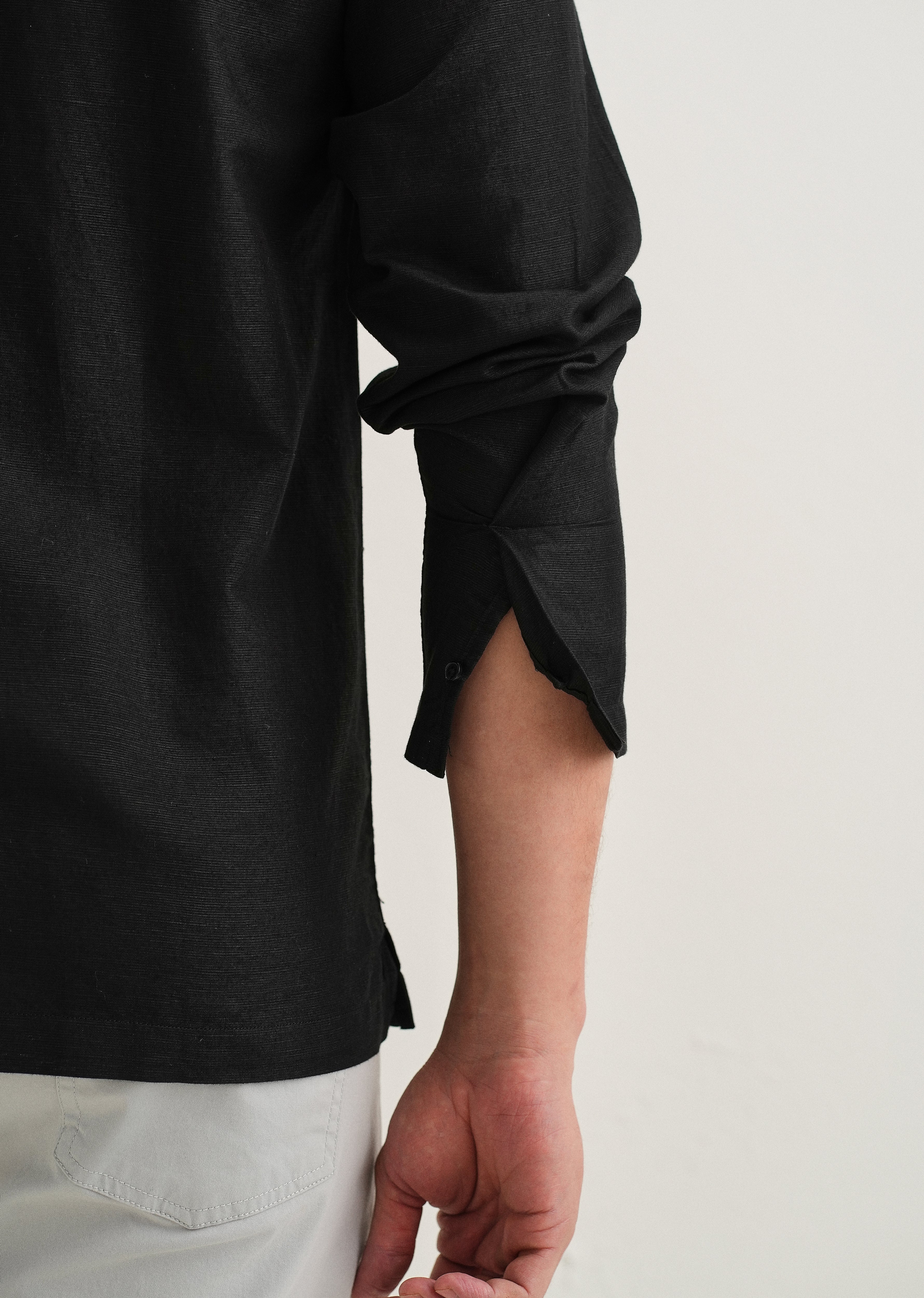 Black Hidden Sleeve Placket Cotton Linen Shirt
