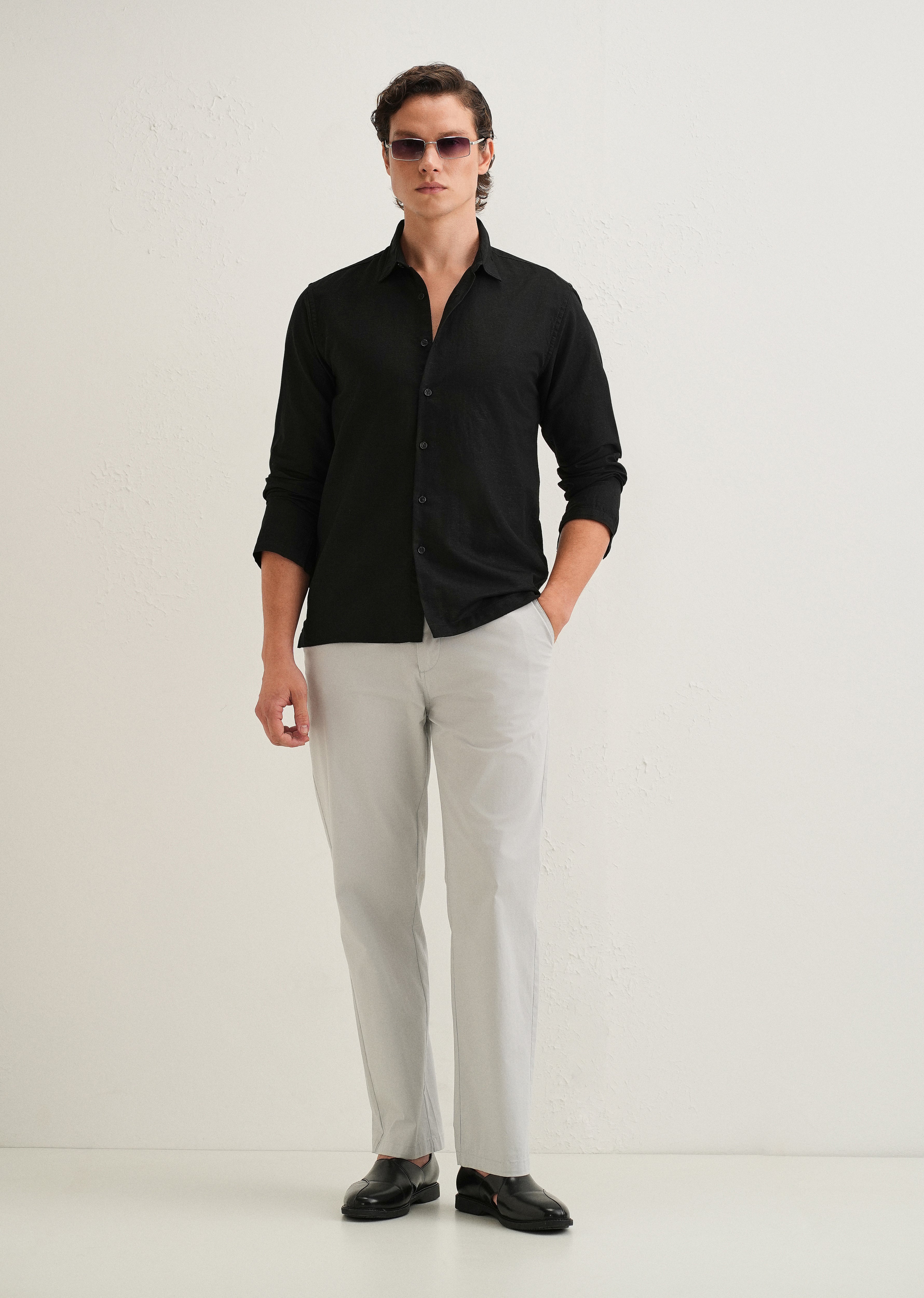 Black Hidden Sleeve Placket Cotton Linen Shirt