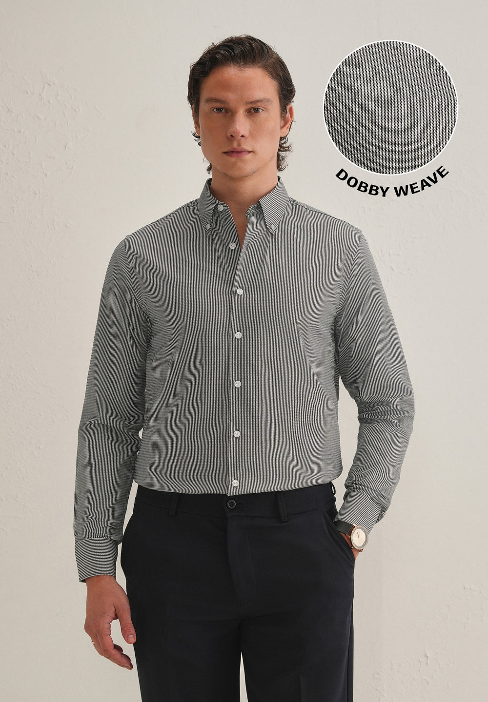 Black Houndstooth Dobby Cotton Shirt