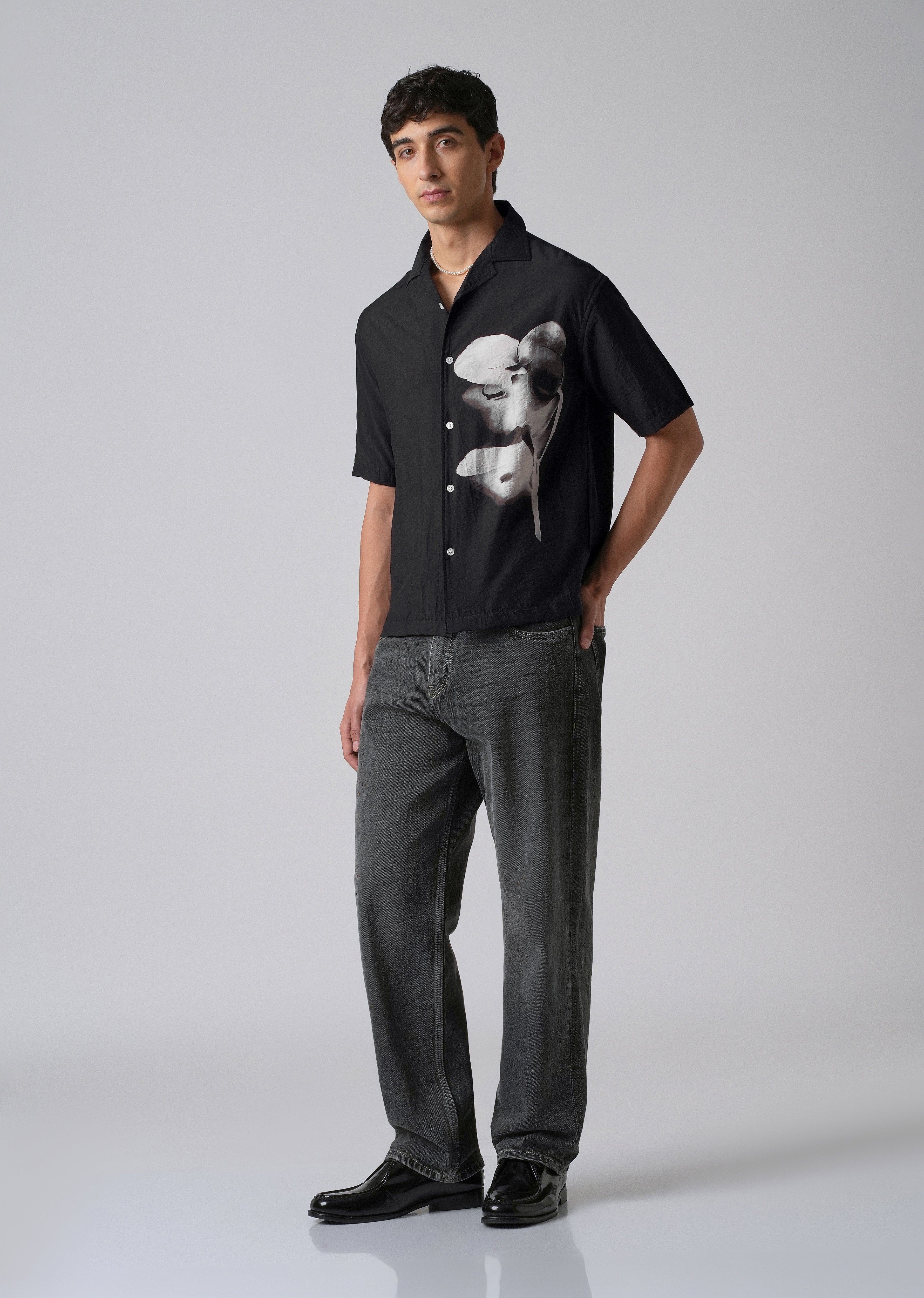 Black Ink Wash Floral Print Shirt